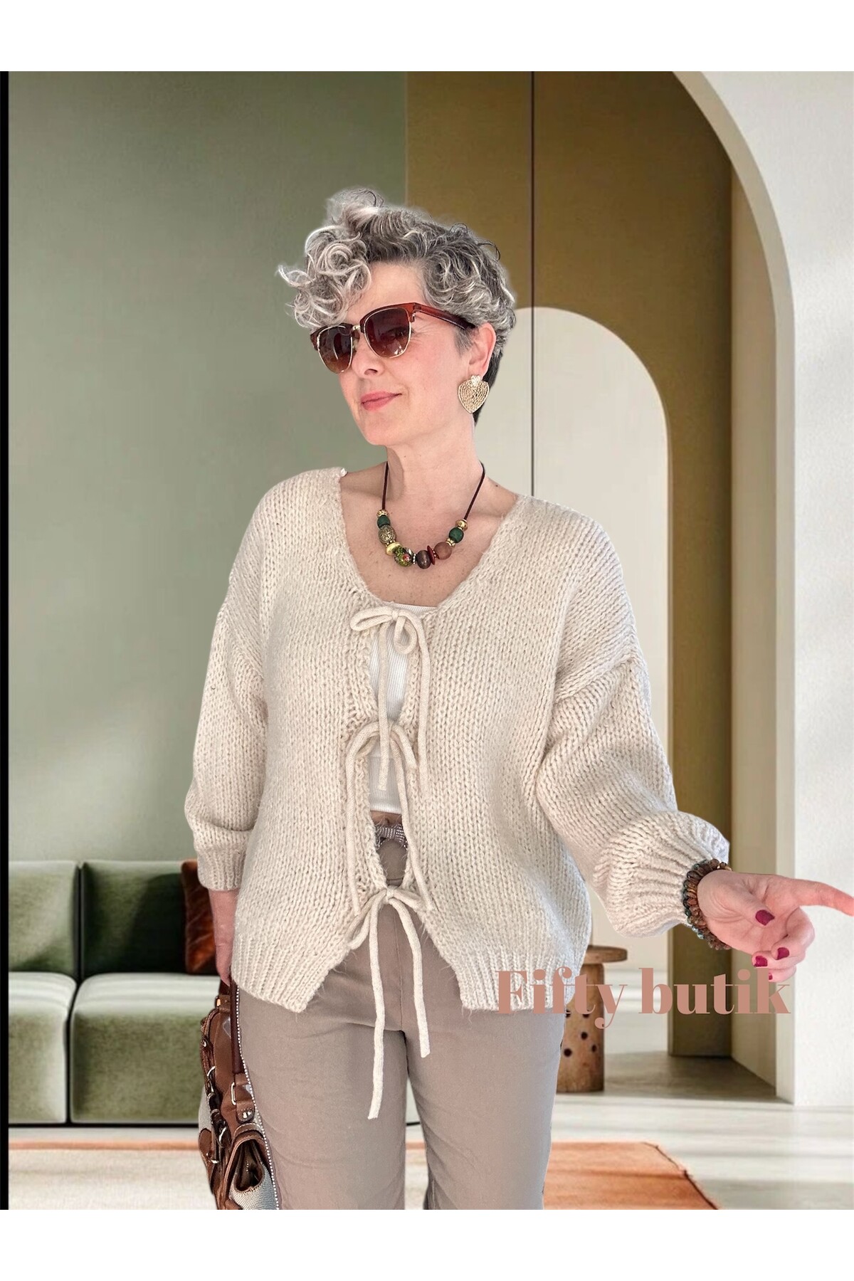 Blum Tasarım Bağcıklı Yün Hırka Ekru