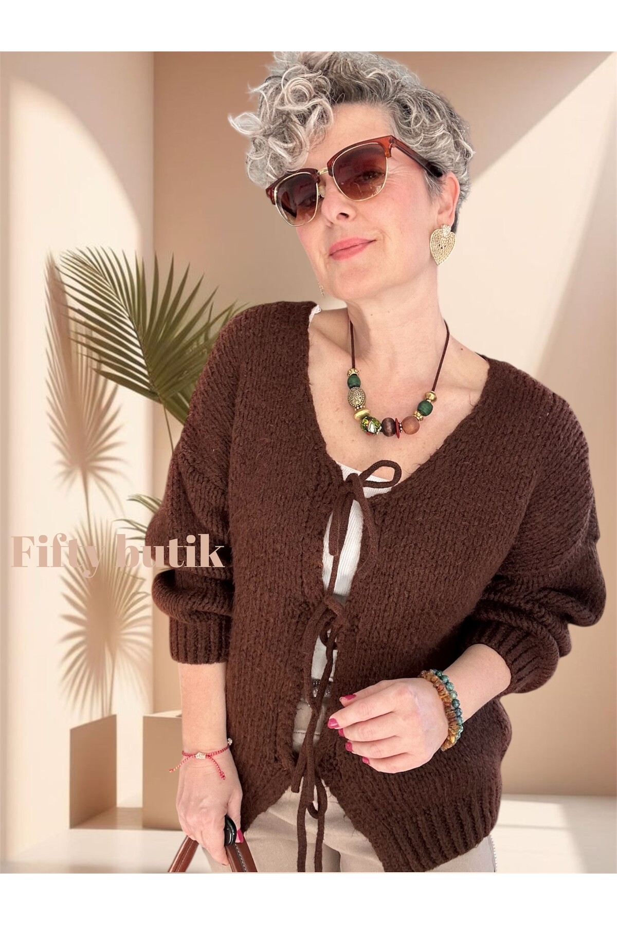 Blum Tasarım Bağcıklı Yün Hırka Kahverengi