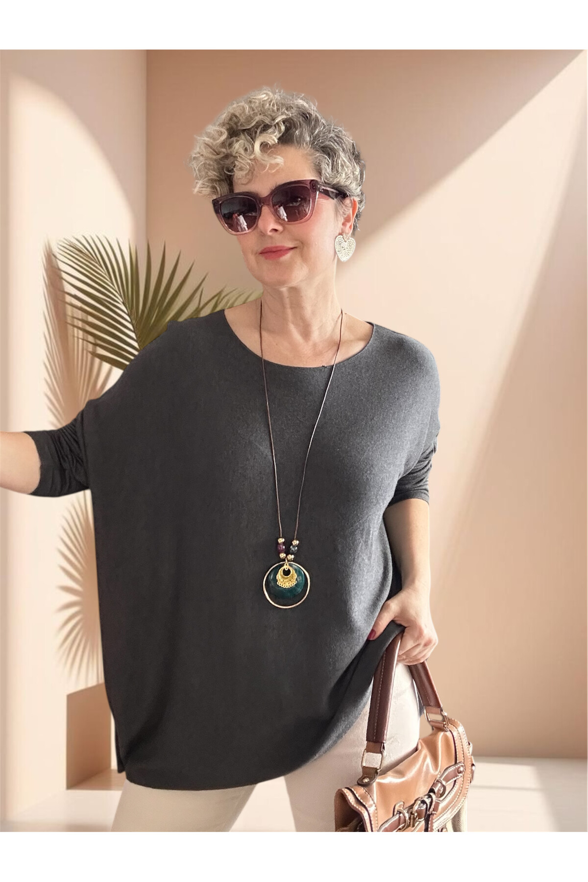 Botte İthal Kolyeli Salaş Triko Bluz Dark Grey