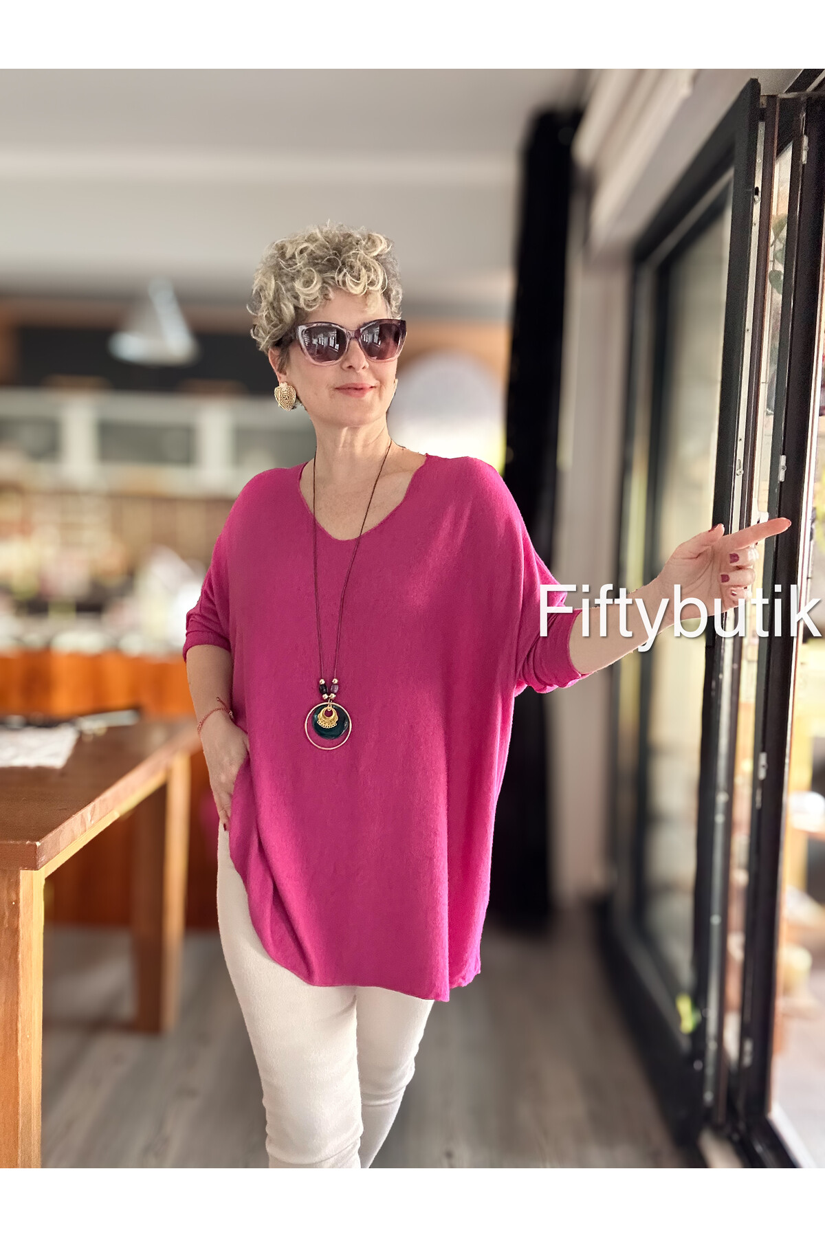Botte İthal Kolyeli Salaş Triko Bluz Fuşya