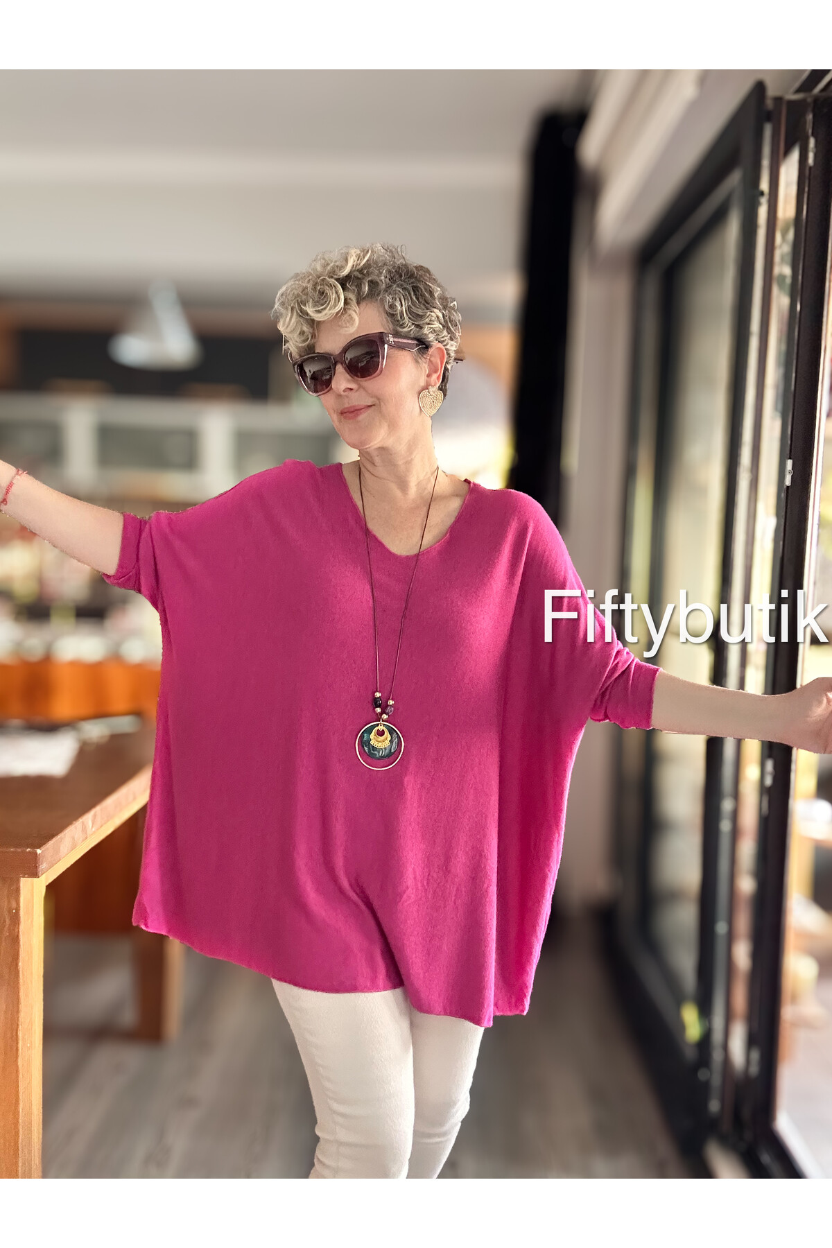 Botte İthal Kolyeli Salaş Triko Bluz Fuşya