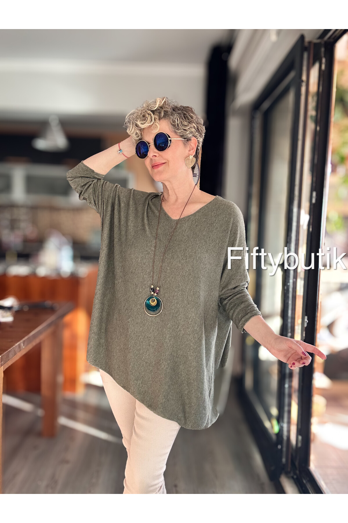 Botte İthal Kolyeli Salaş Triko Bluz Haki Yeşil