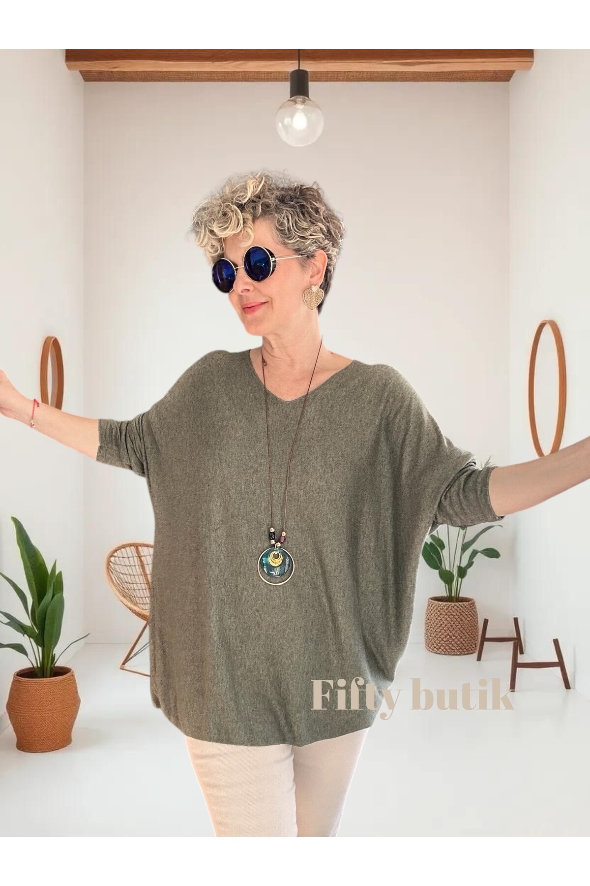 Botte İthal Kolyeli Salaş Triko Bluz Haki Yeşil