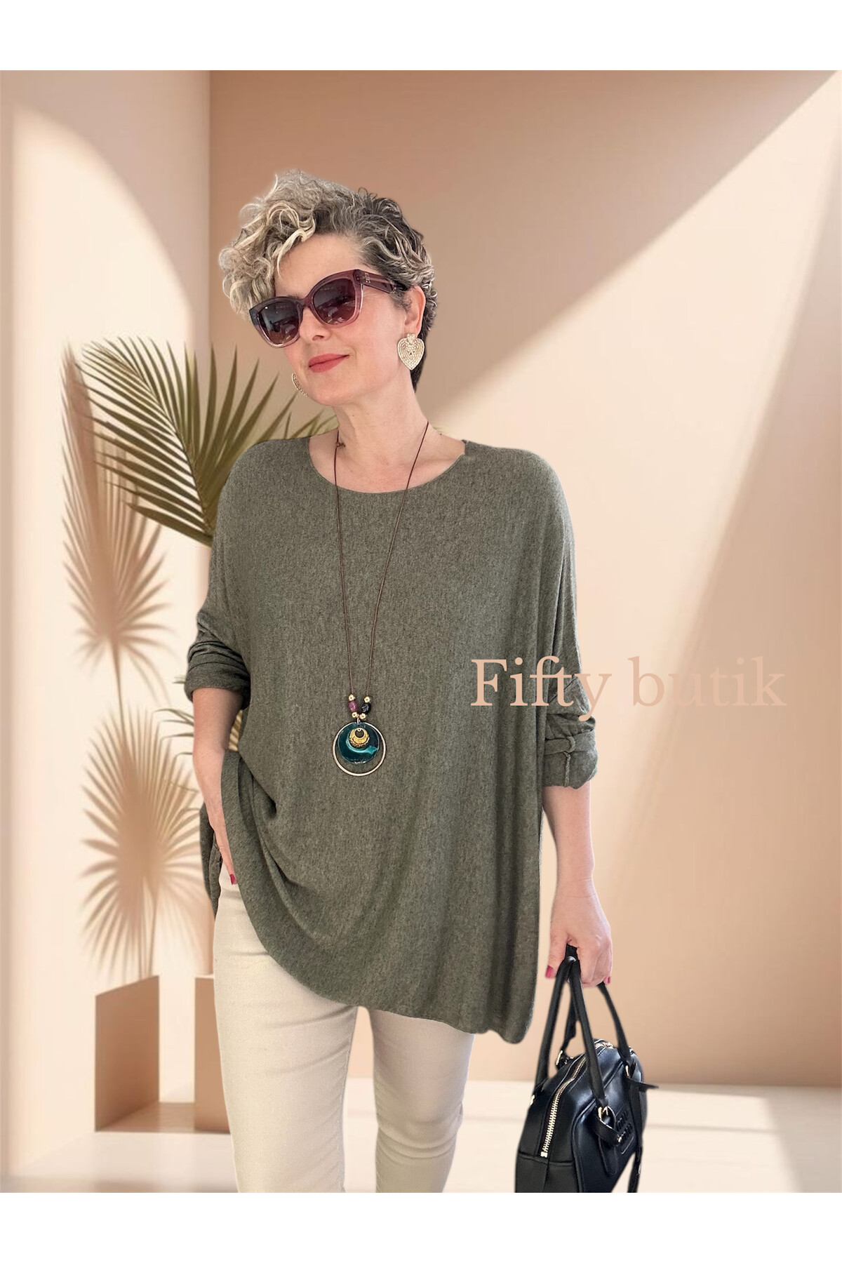 Botte İthal Kolyeli Salaş Triko Bluz Haki Yeşil