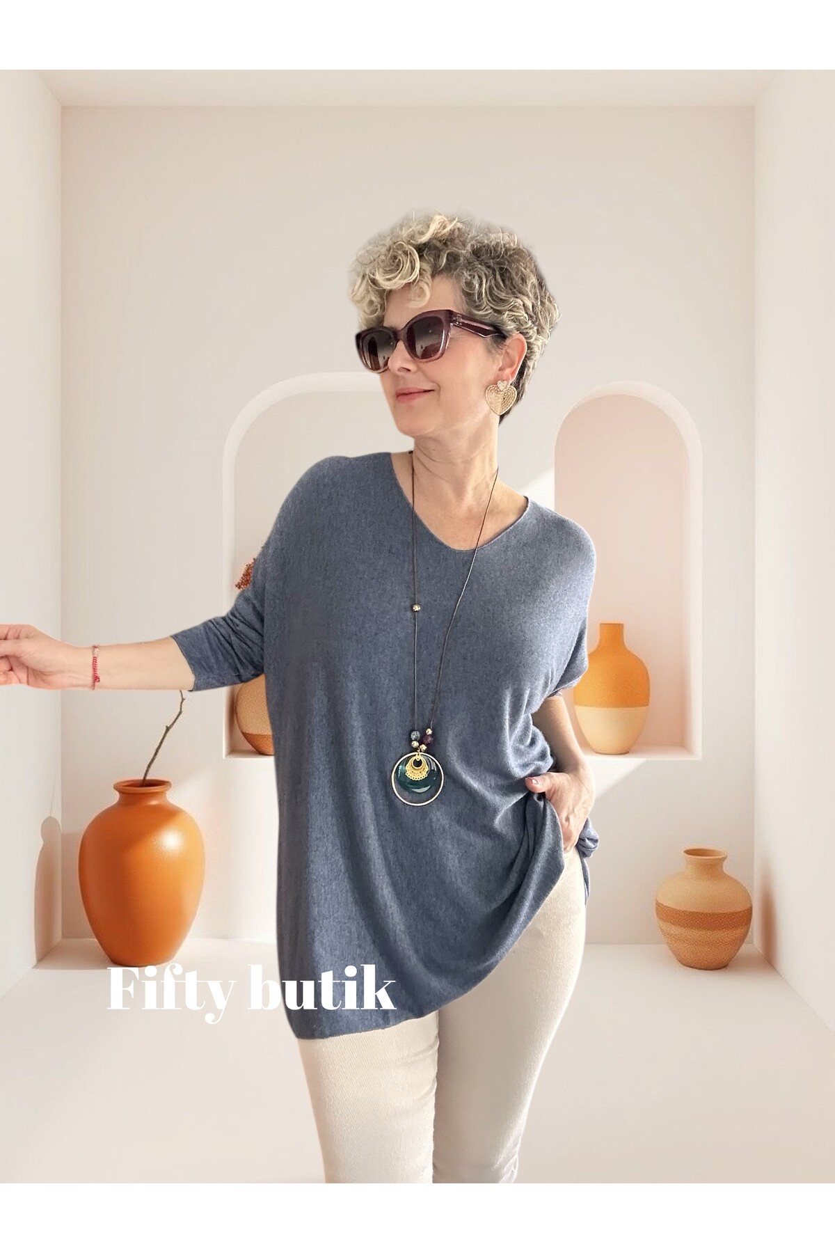 Botte İthal Kolyeli Salaş Triko Bluz İndigo Mavi