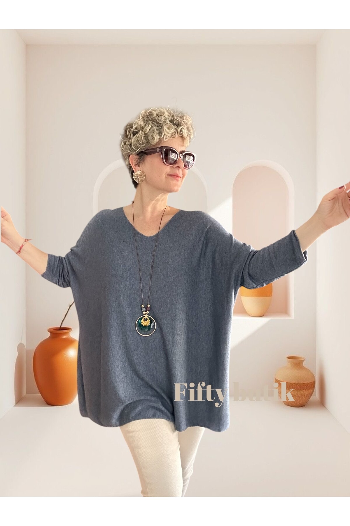 Botte İthal Kolyeli Salaş Triko Bluz İndigo Mavi