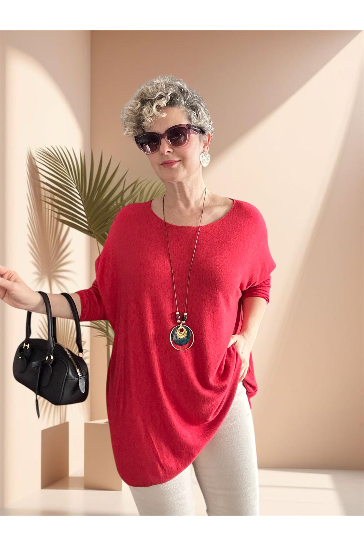 Botte İthal Kolyeli Salaş Triko Bluz Nar Çiçeği