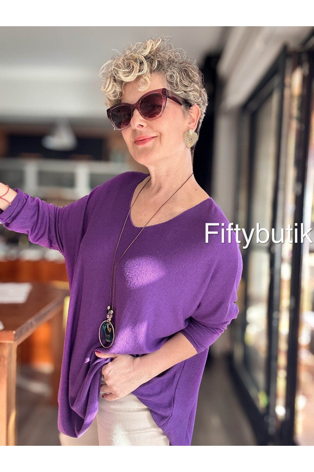 Botte İthal Kolyeli Salaş Triko Bluz Purple