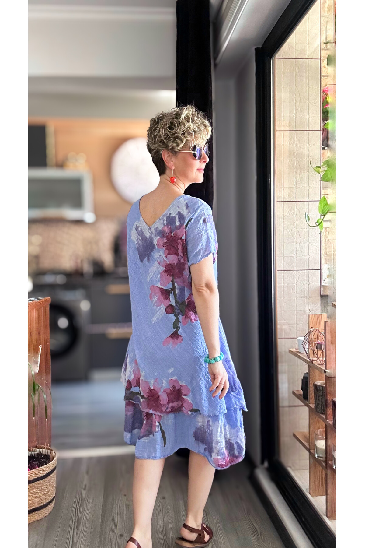 Cello İtalyan Zambak Desenli Elbise Açık İndigo