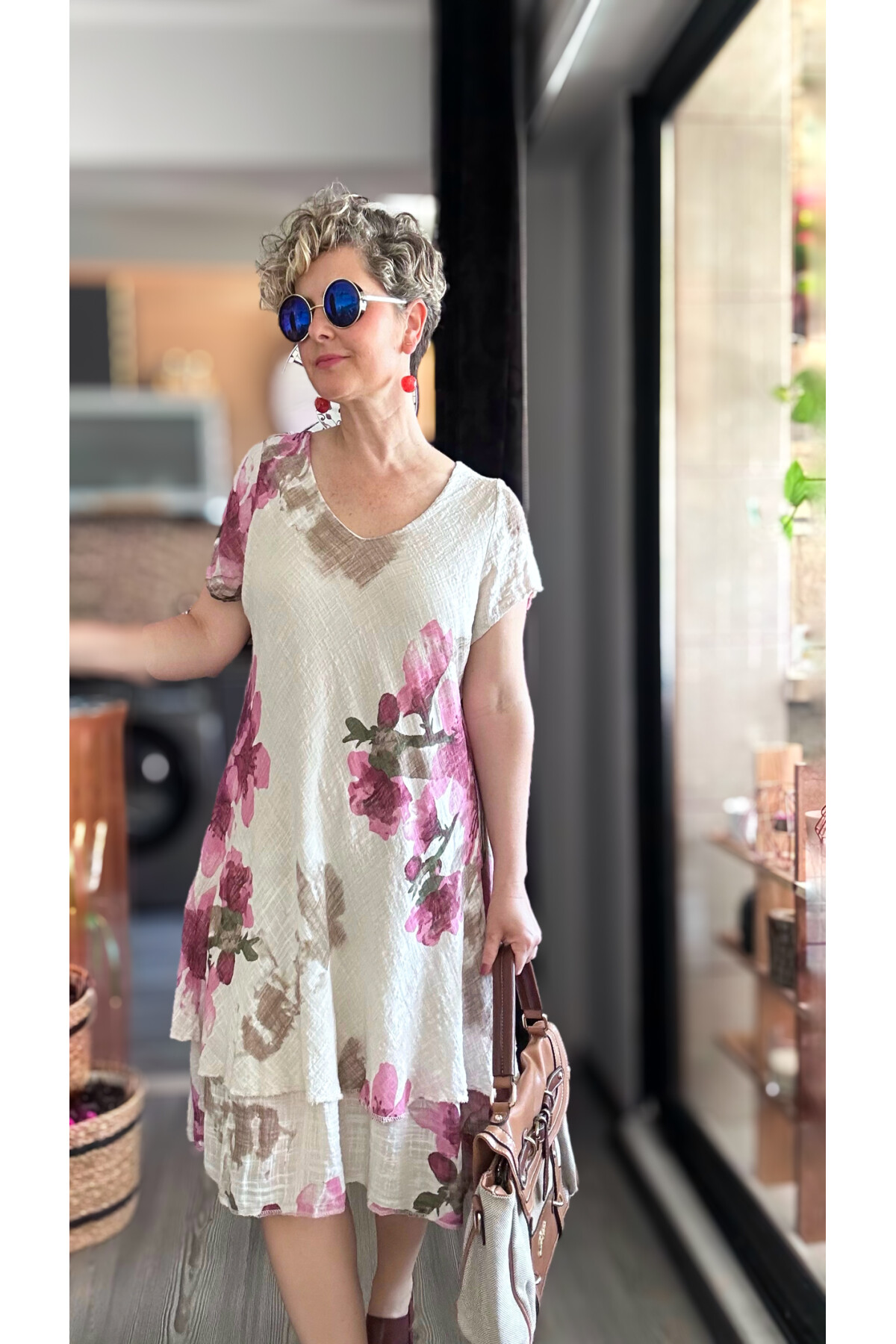 Cello İtalyan Zambak Desenli Elbise Beige