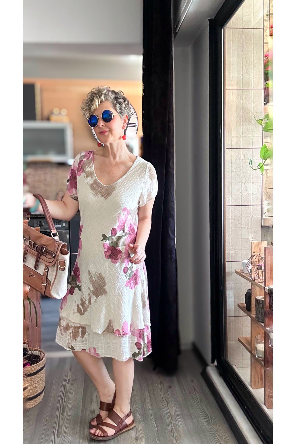 Cello İtalyan Zambak Desenli Elbise Beige