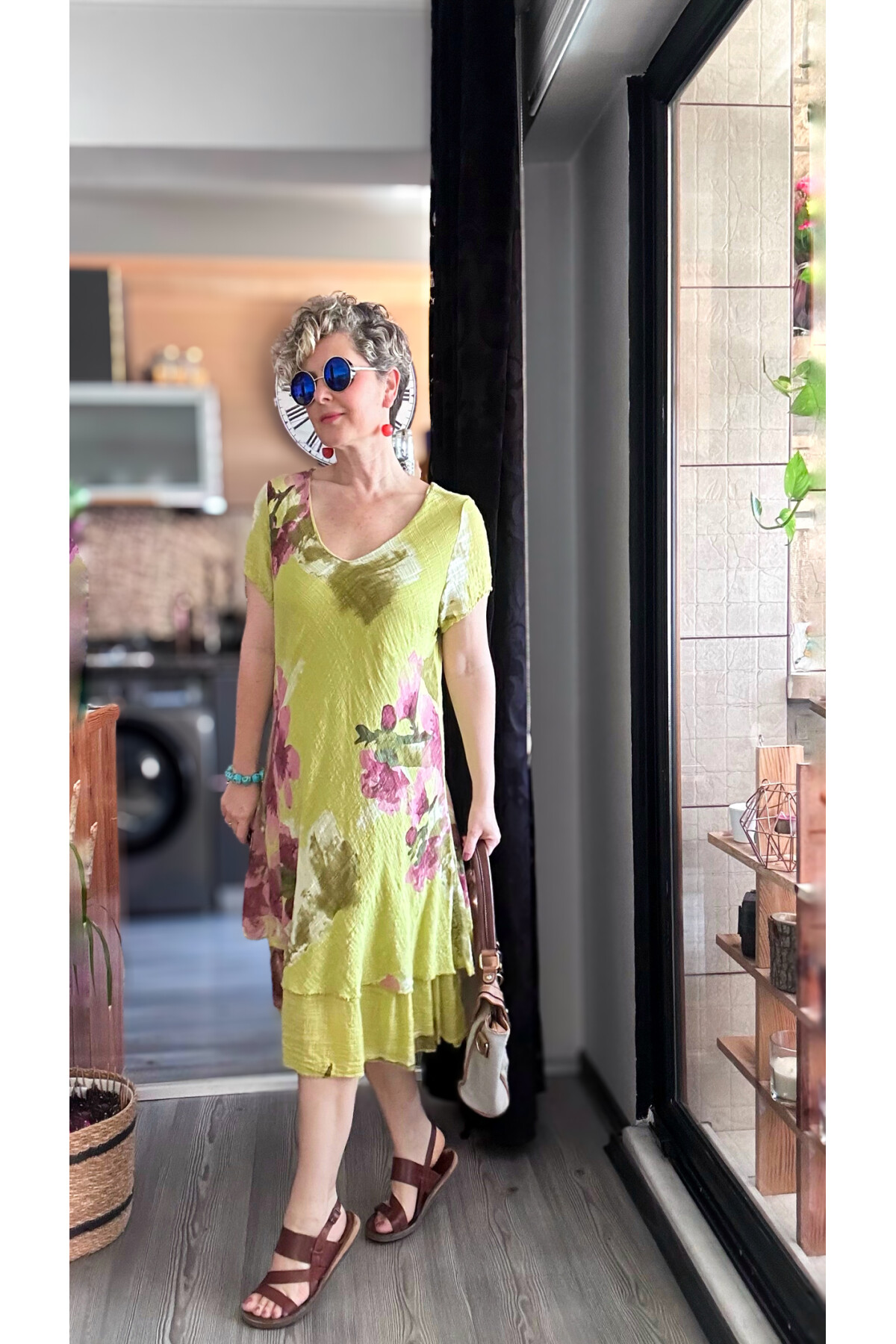 Cello İtalyan Zambak Desenli Elbise Fıstık Yeşil