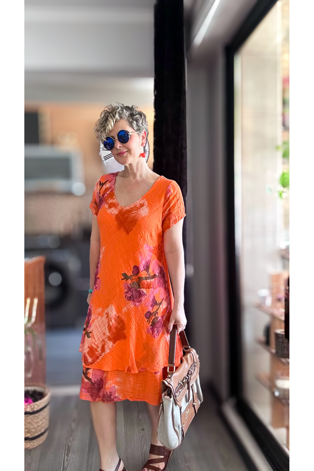 Cello İtalyan Zambak Desenli Elbise Turuncu