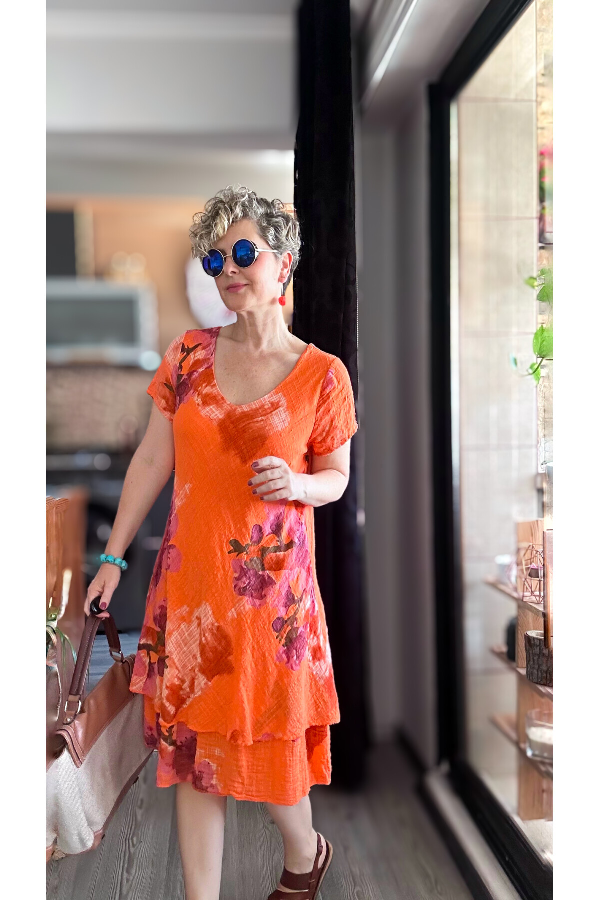 Cello İtalyan Zambak Desenli Elbise Turuncu