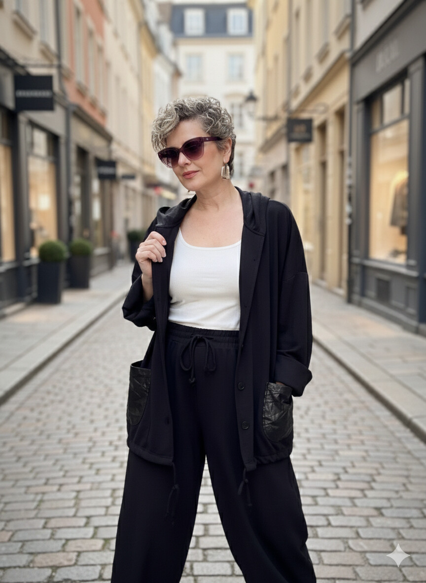 Celti Tasarım Garnili Kapşonlu Takım Siyah