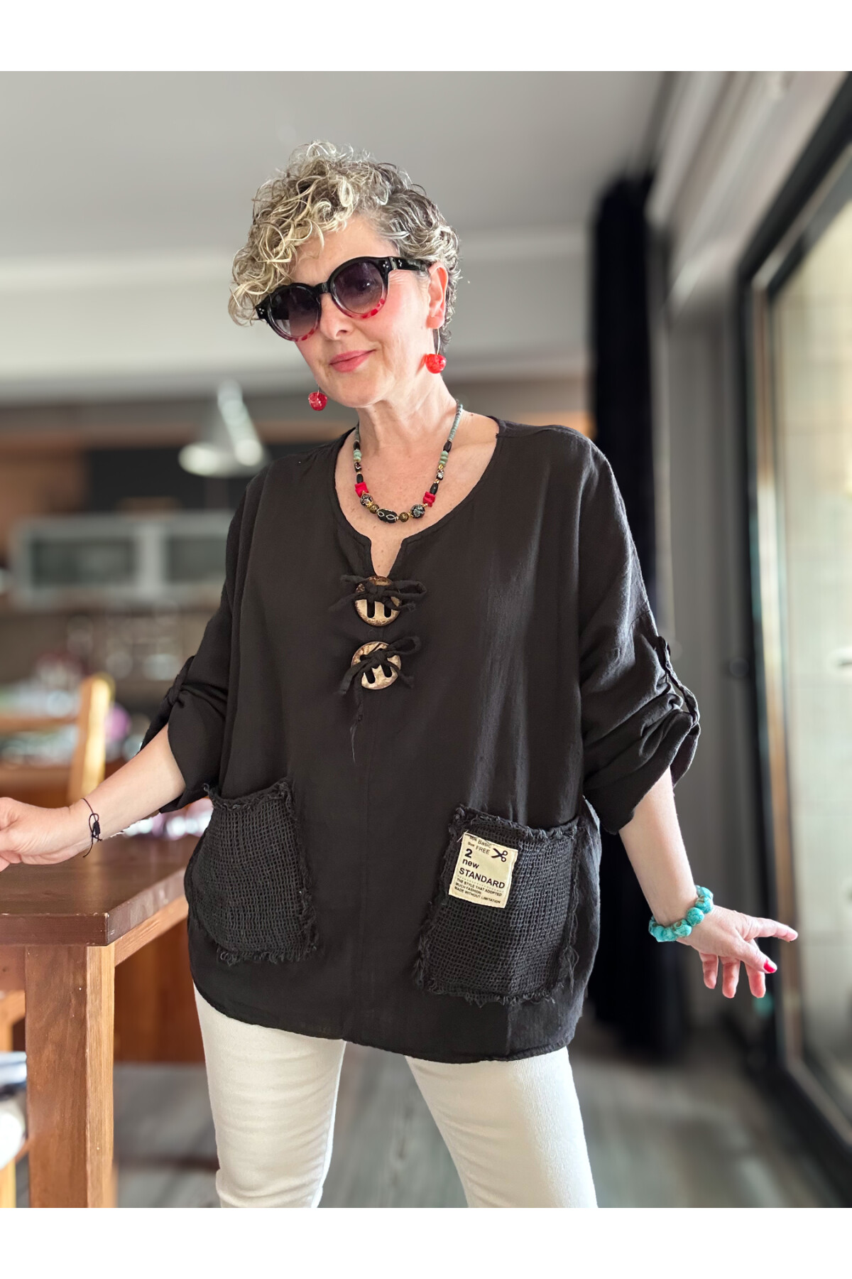 Chiquitita Tasarım File Cep Detay Bluz Siyah