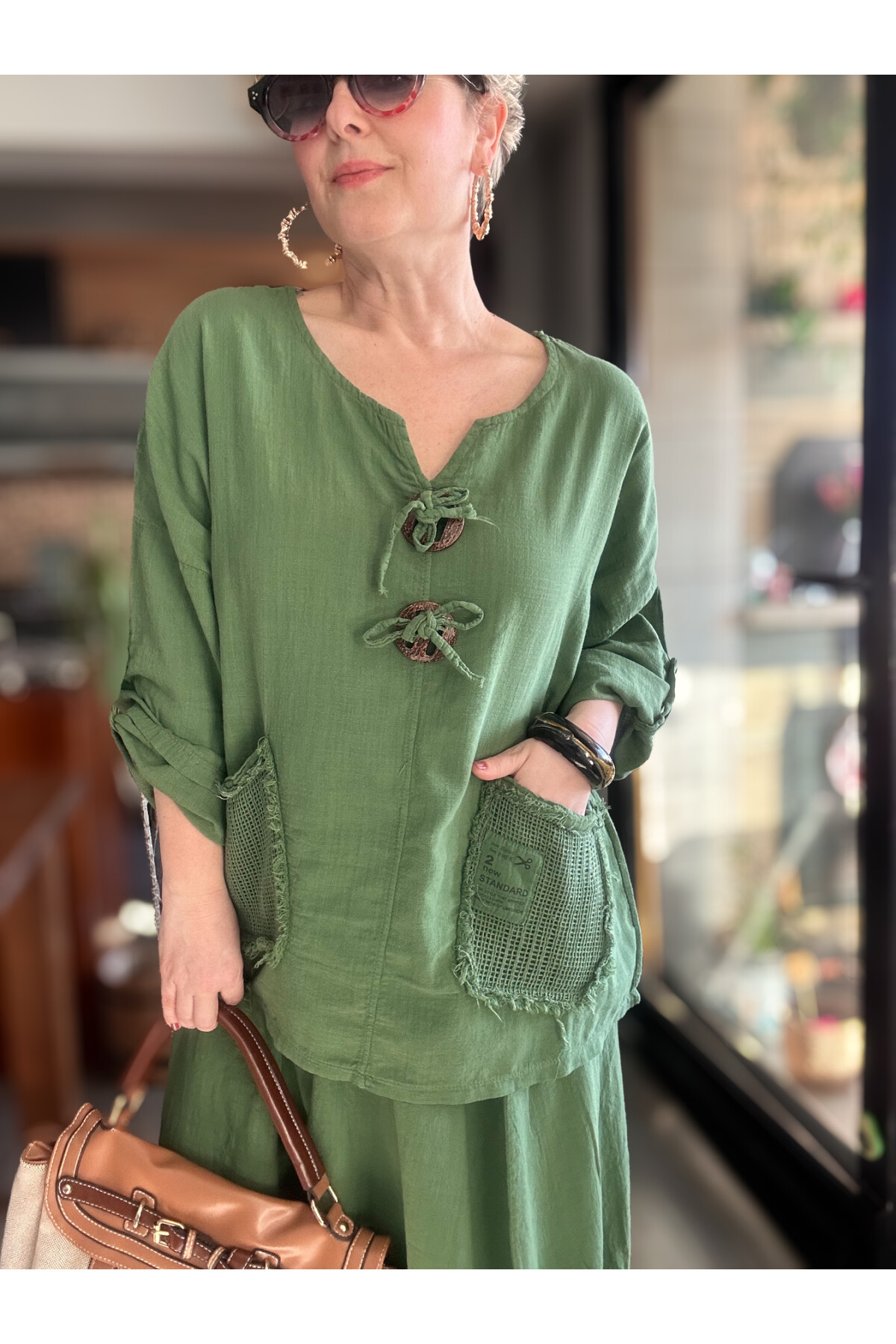 Chiquitita Tasarım File Cep Detay Bluz Yeşil