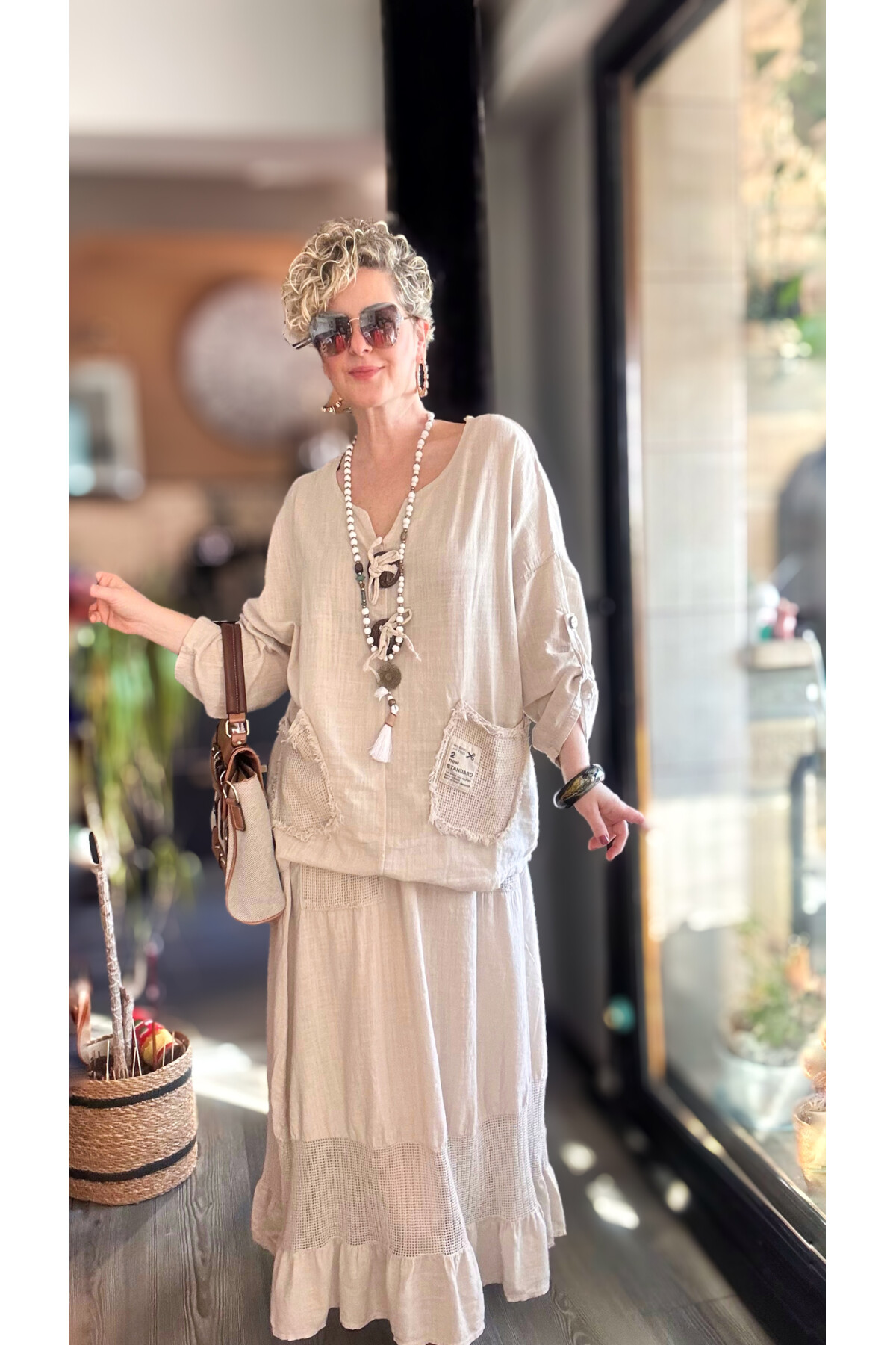 Chiquitita Tasarım File Cep Detay Bluz Bej