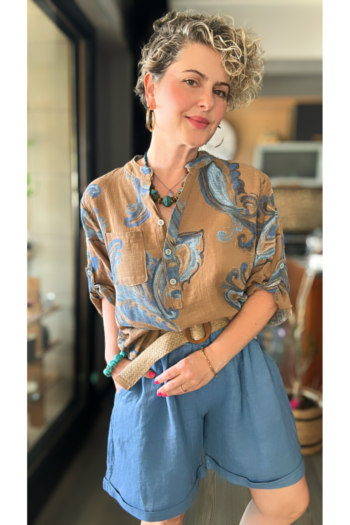 Citta Şal Yaprak Desen İtalyan Gömlek Cappuccino