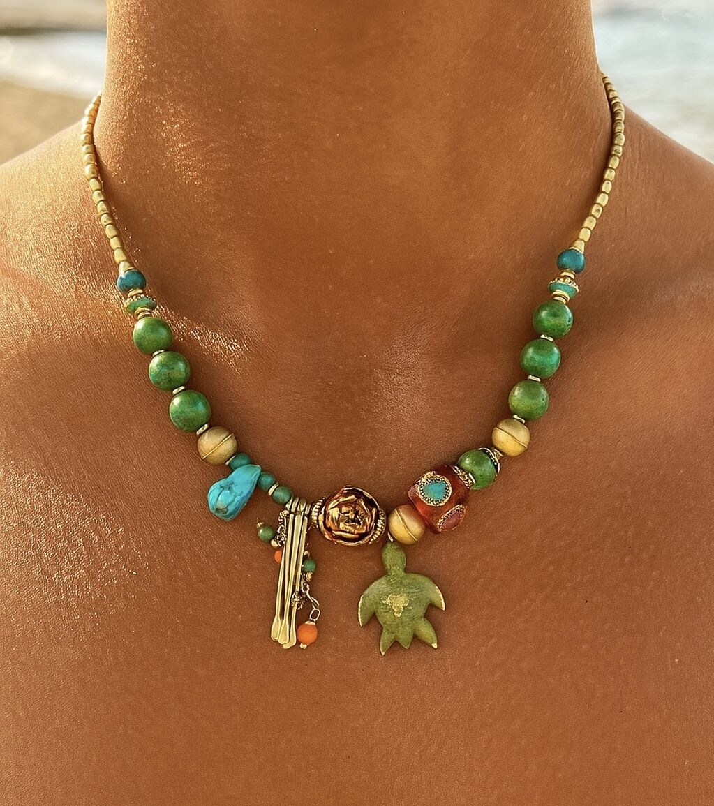 Crush Pirinç Cam Etnik Kolye