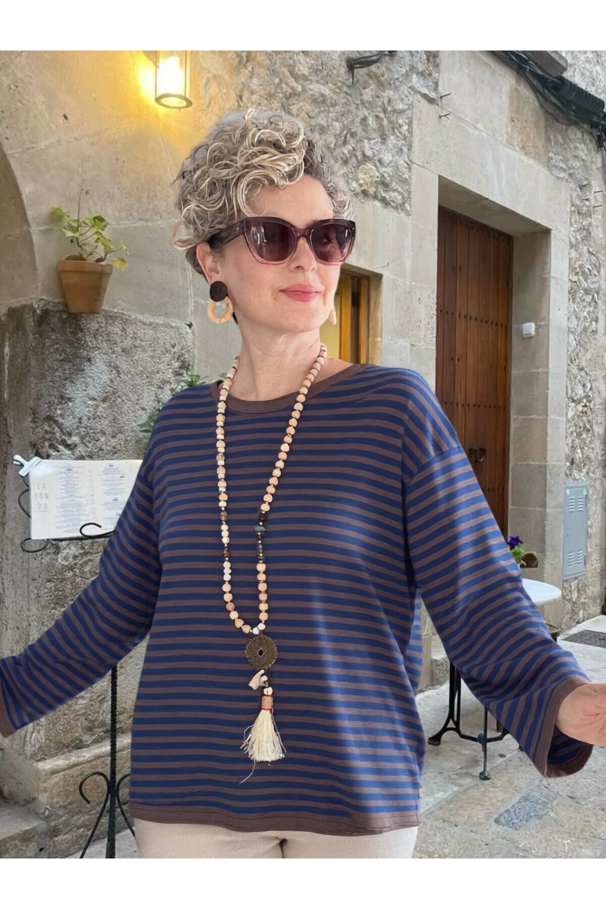 Fabri Çizgili İnce Triko Bluz - Kahve & Lacivert