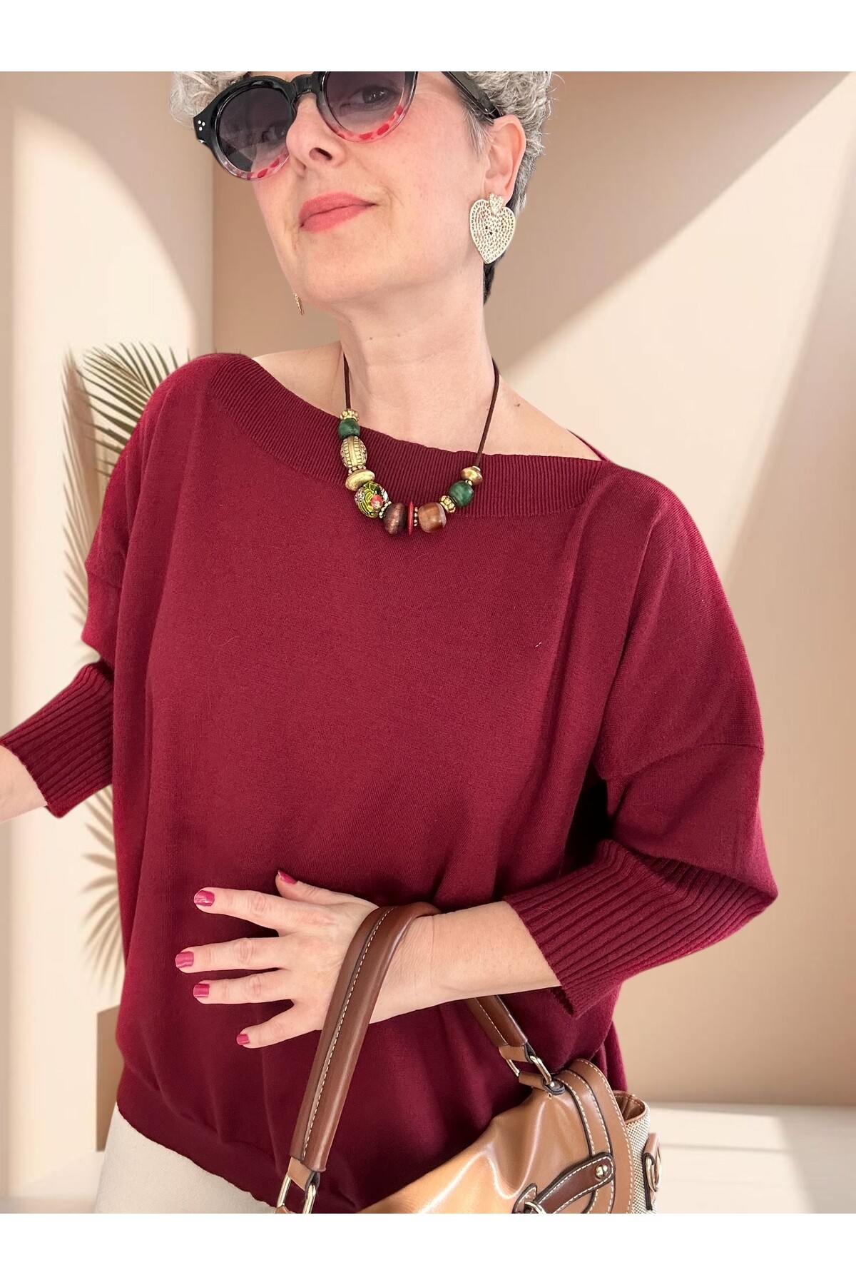 Delfi Tasarım Kayık Yaka Triko Bluz Bordo