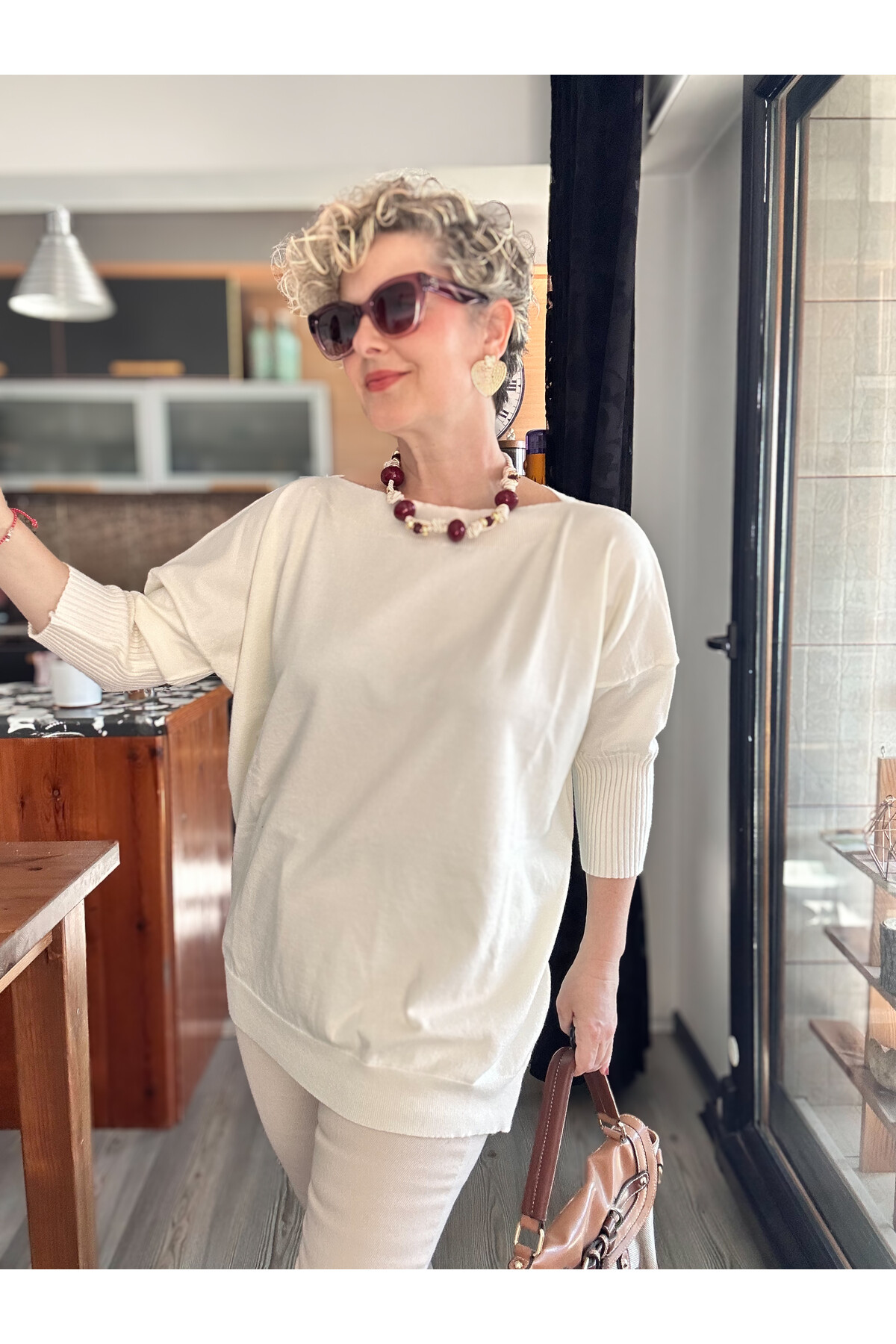 Delfi Tasarım Kayık Yaka Triko Bluz Ekru