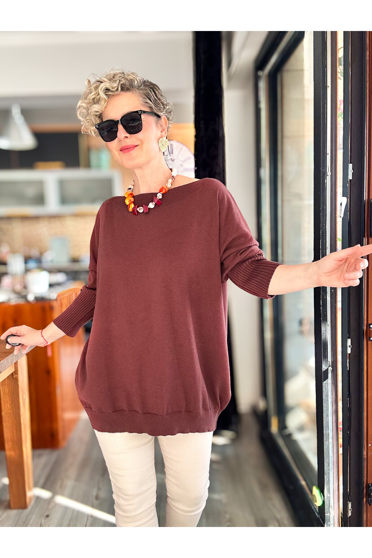 Delfi Tasarım Kayık Yaka Triko Bluz Kahverengi