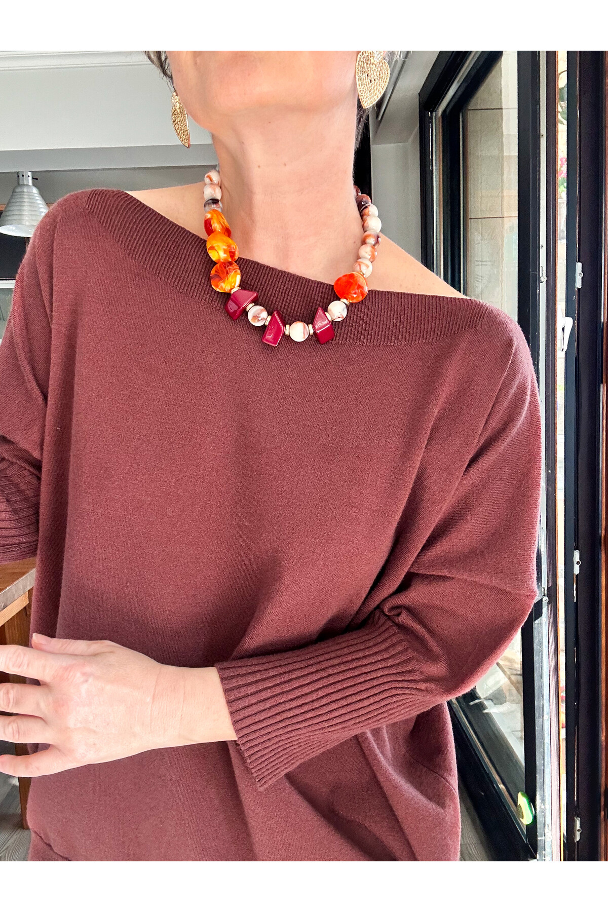 Delfi Tasarım Kayık Yaka Triko Bluz Kahverengi