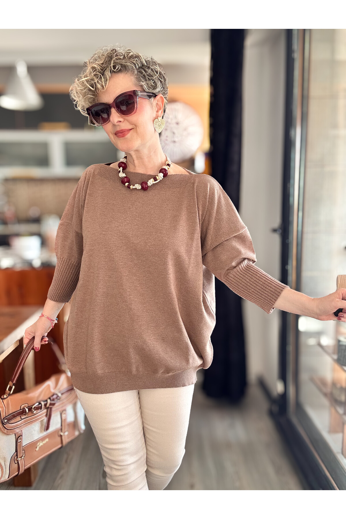 Delfi Tasarım Kayık Yaka Triko Bluz Vizon