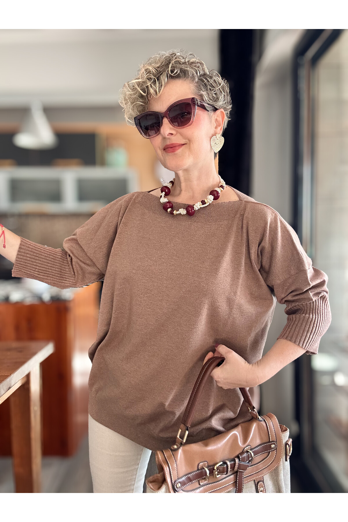 Delfi Tasarım Kayık Yaka Triko Bluz Vizon