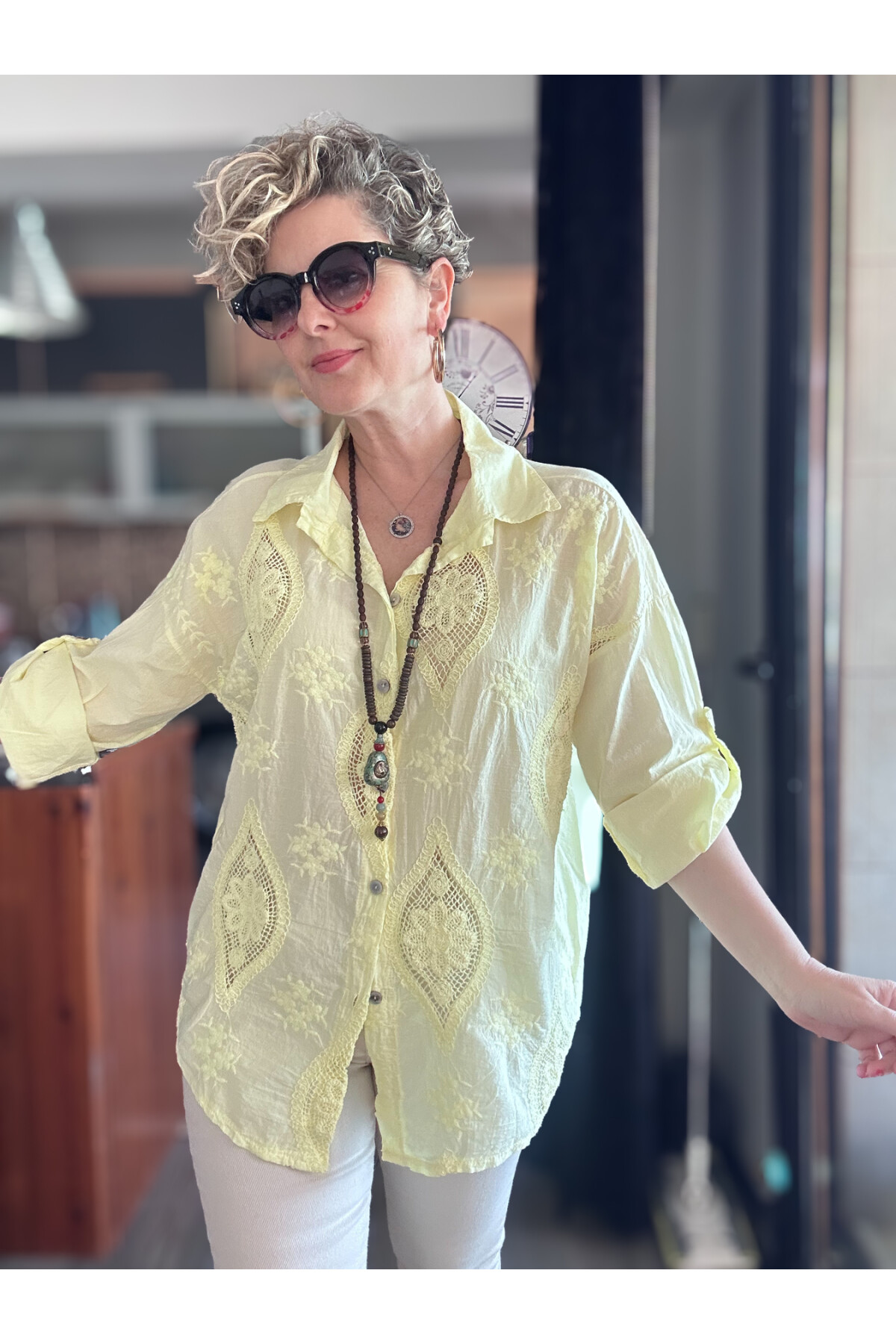 Disse İtalyan Fisto Oval Çiçek Desen Gömlek Sarı