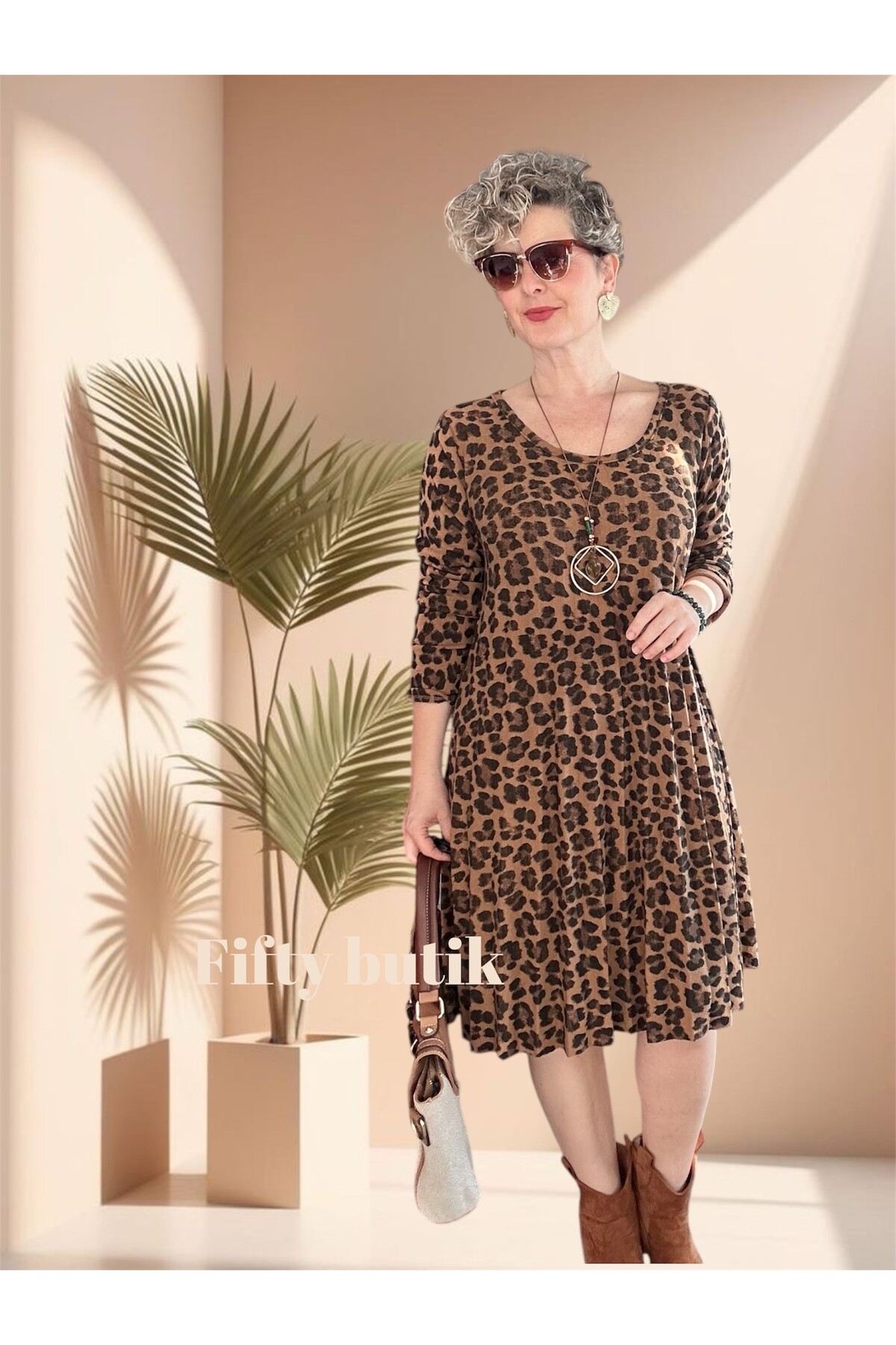 Dutti İtalyan Leopar Desen Kolyeli Pilise Elbise Cappuccino