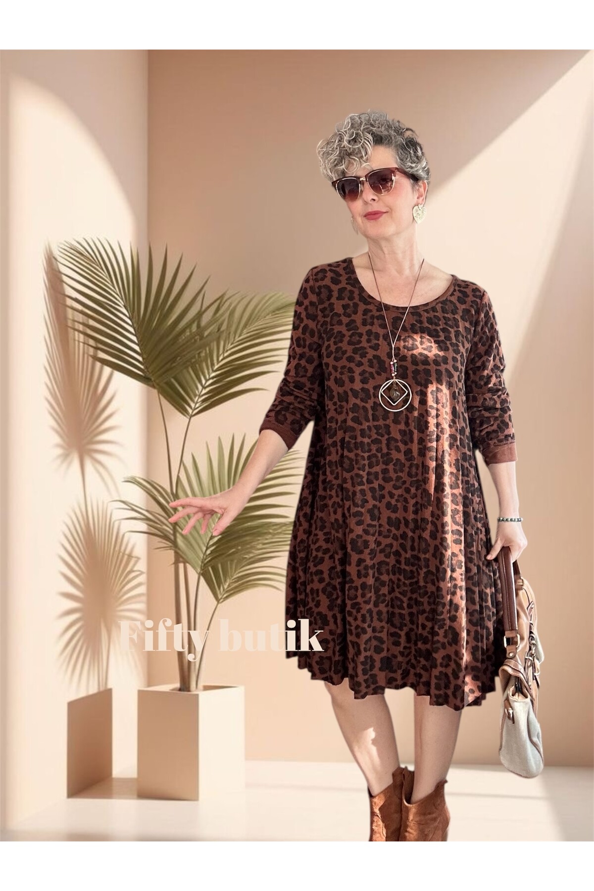 Dutti İtalyan Leopar Desen Kolyeli Pilise Elbise Tarçın