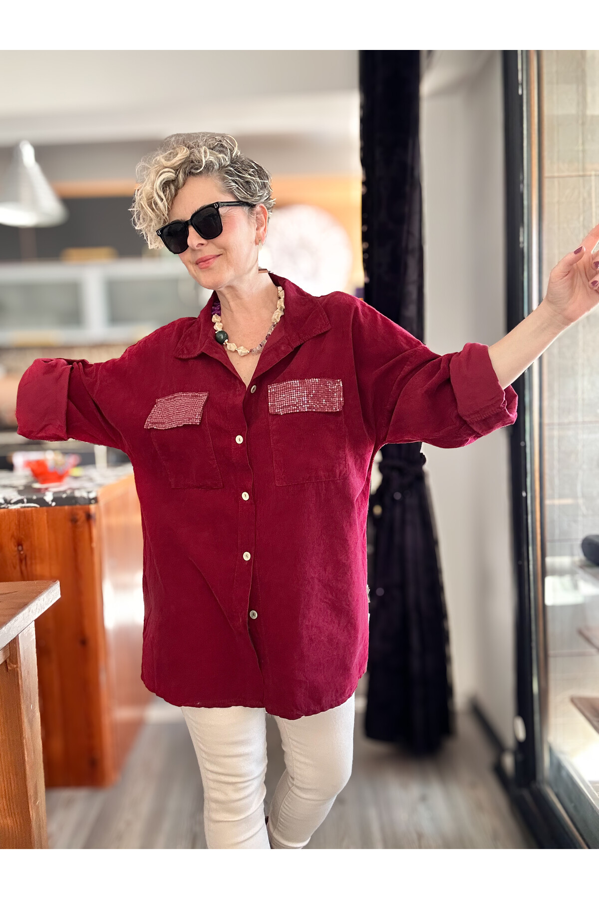 Ensana İtalyan Kadife Cep Pul Gömlek Bordo