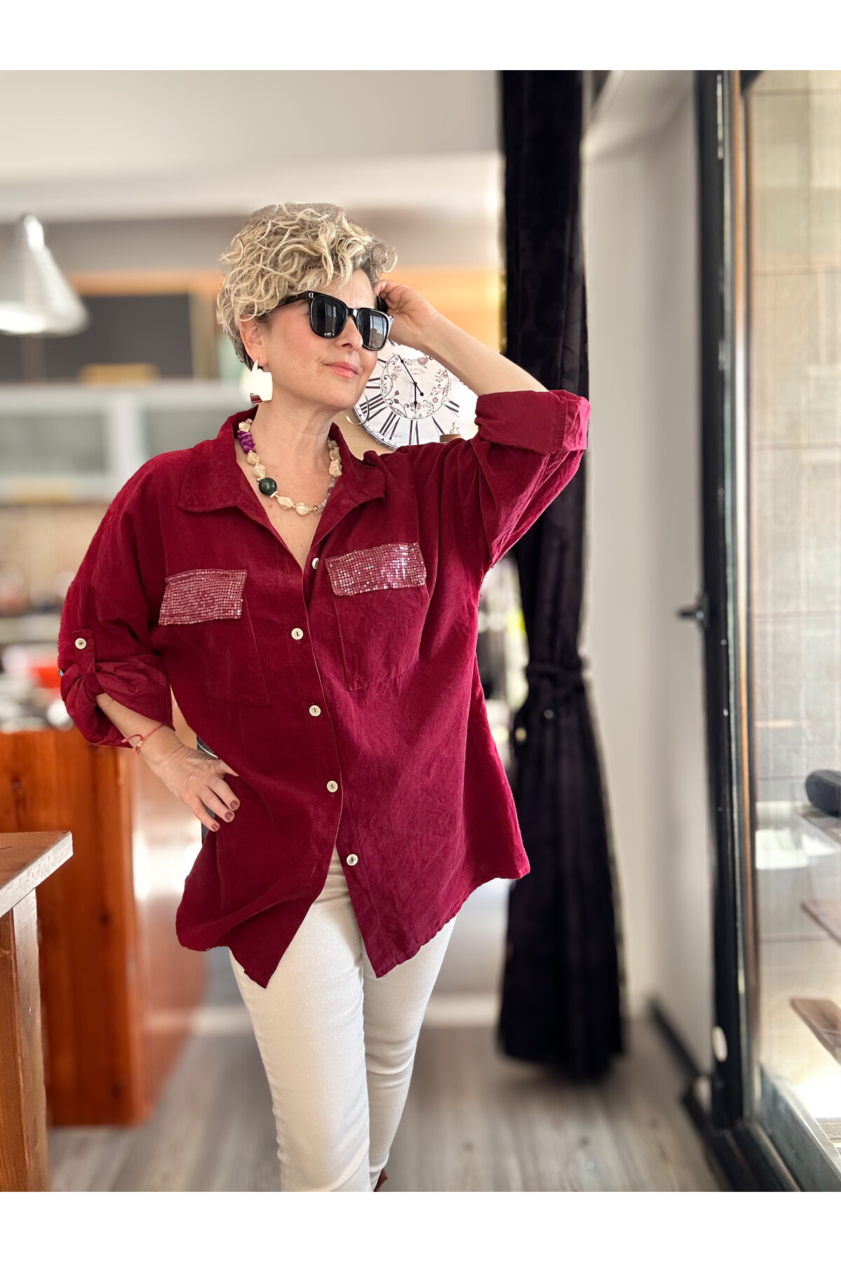 Ensana İtalyan Kadife Cep Pul Gömlek Bordo