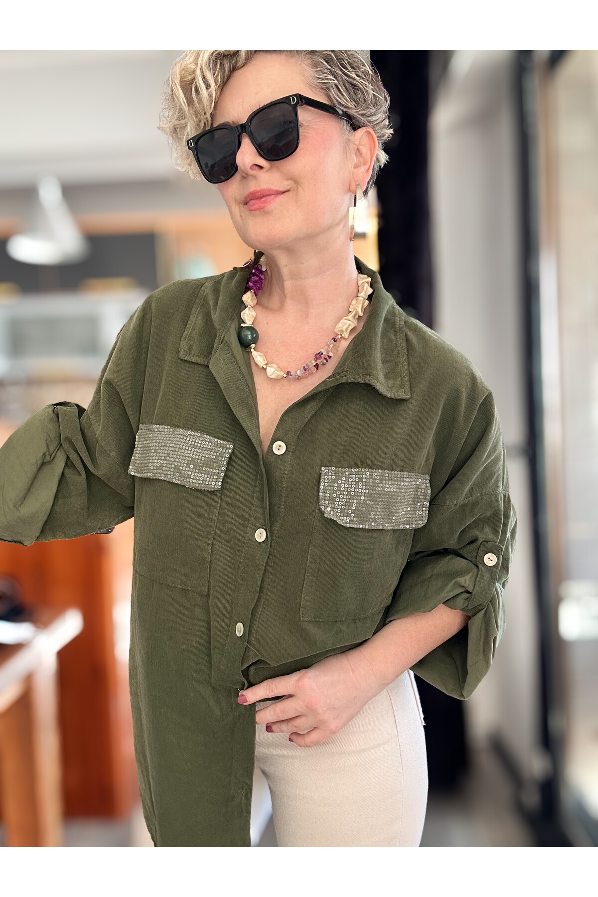 Ensana İtalyan Kadife Cep Pul Gömlek Haki