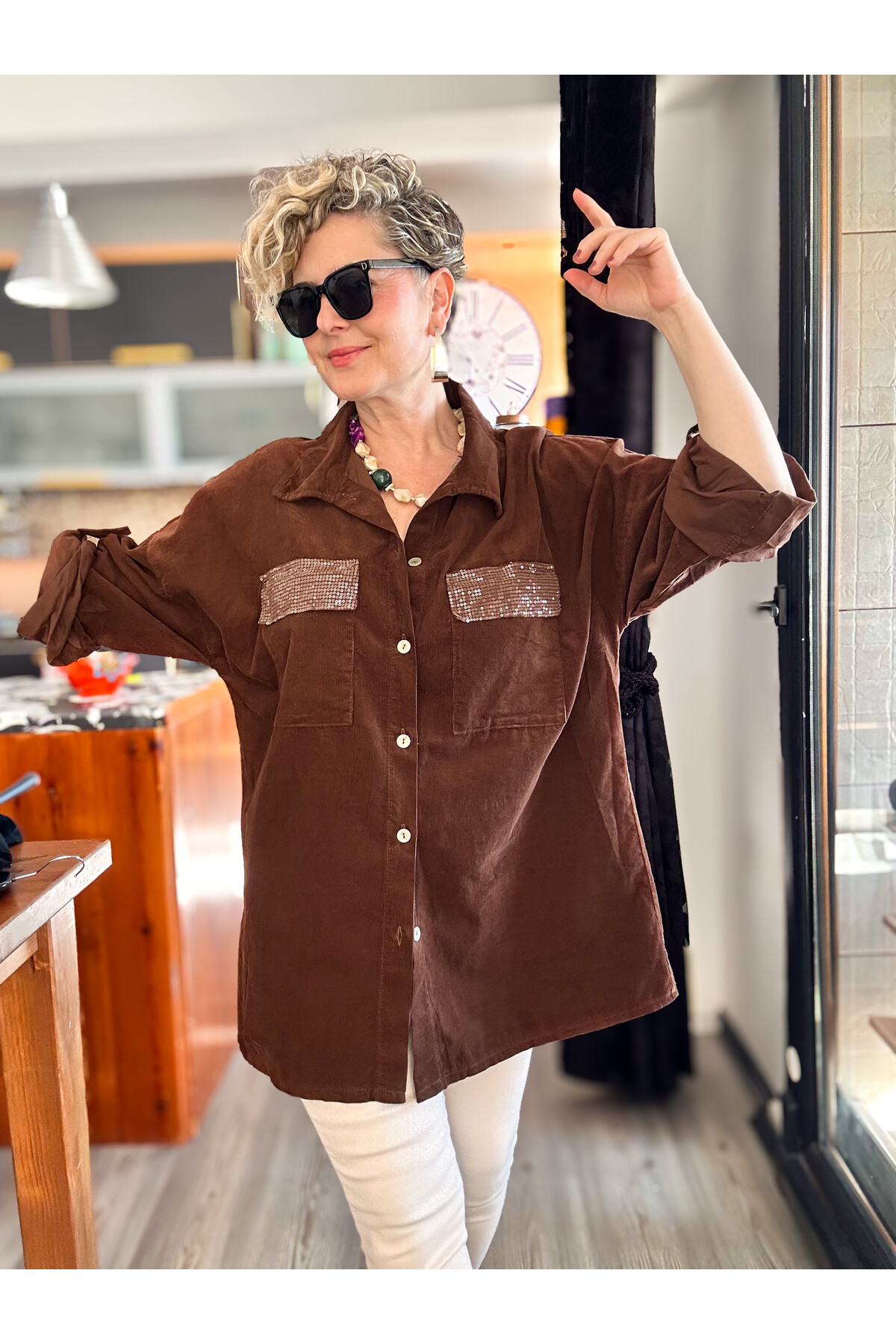 Ensana İtalyan Kadife Cep Pul Gömlek Kahve