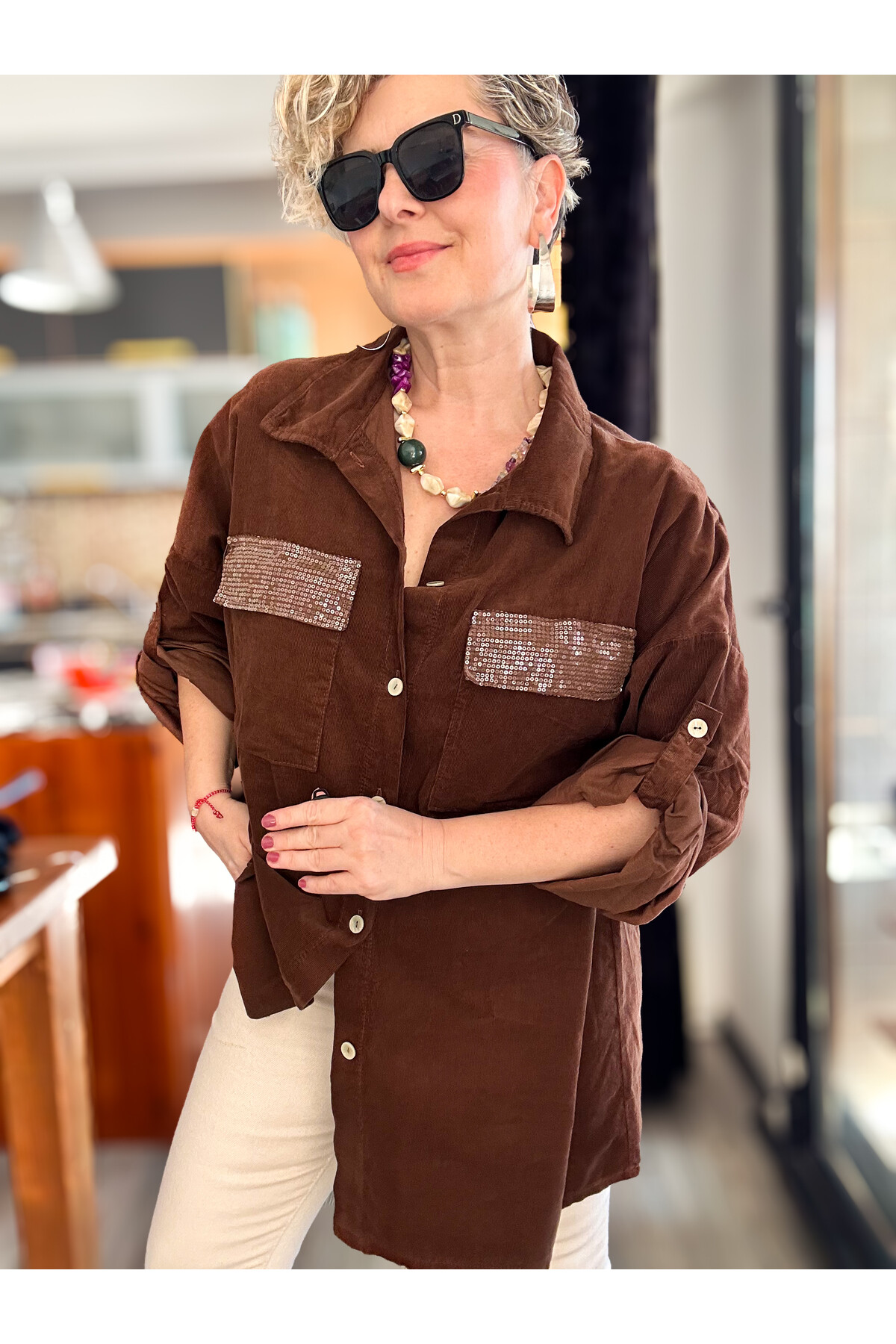 Ensana İtalyan Kadife Cep Pul Gömlek Kahve