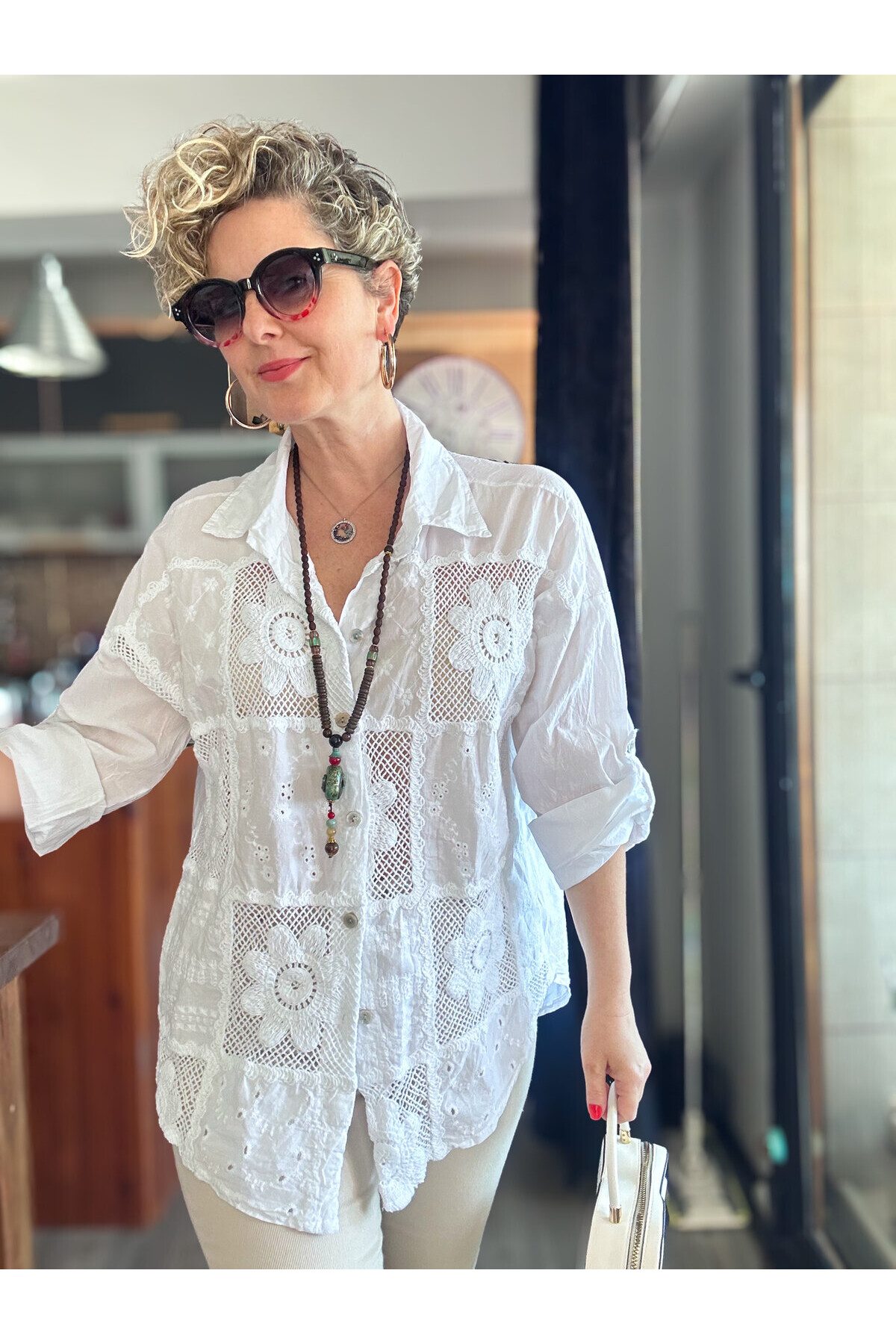 Ferru İtalyan Fisto Kare Çiçek Desen Gömlek Beyaz