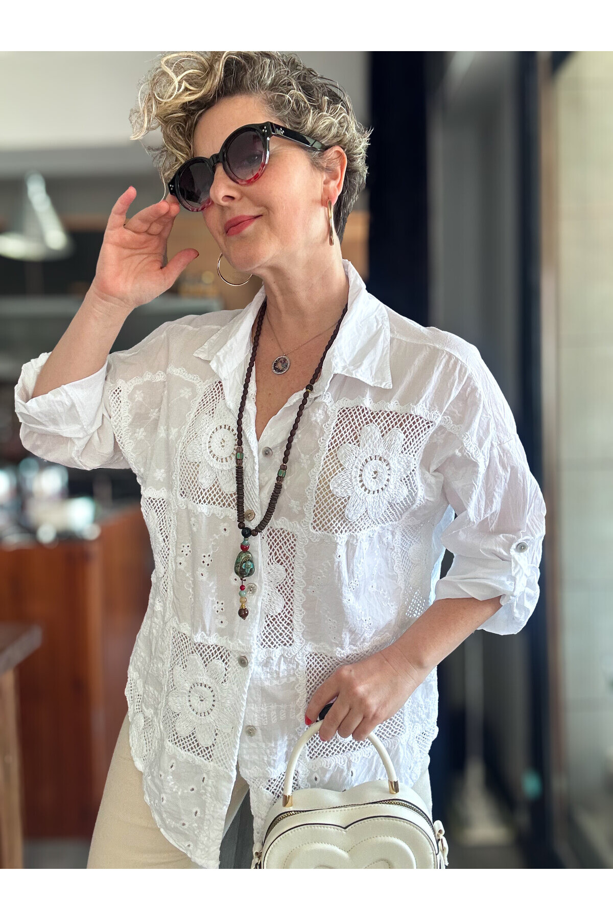 Ferru İtalyan Fisto Kare Çiçek Desen Gömlek Beyaz