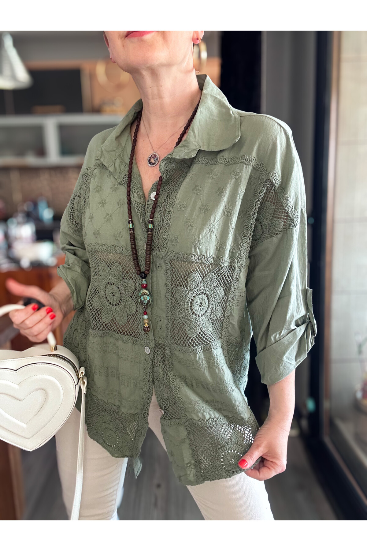 Eyyo İtalyan Fisto Kare Çiçek Desen Gömlek Haki