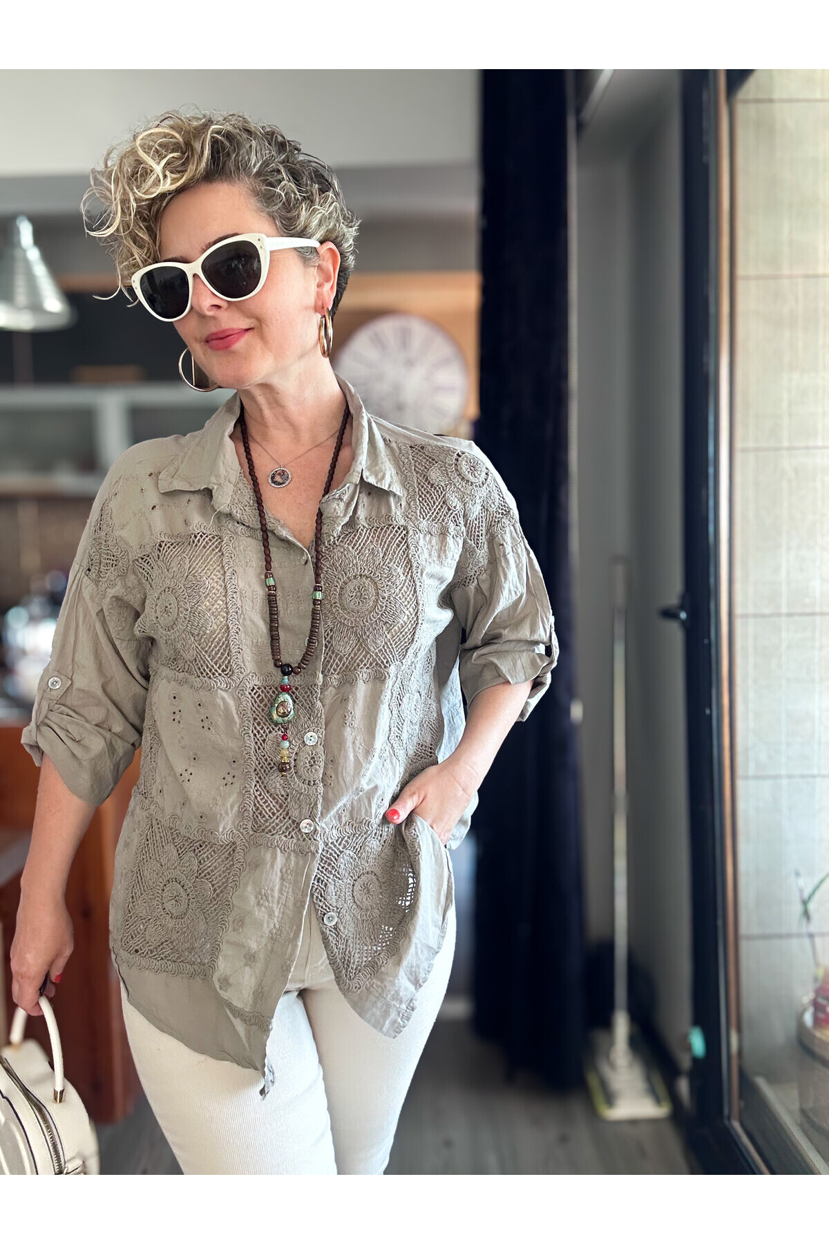 Ferru İtalyan Fisto Kare Çiçek Desen Gömlek Vizon