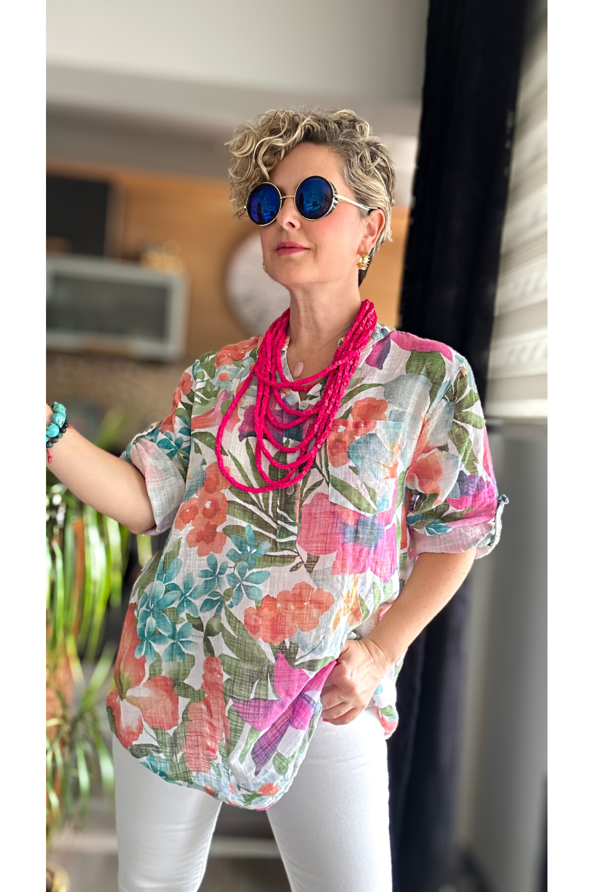 Felli Zambak Desen Desenli İtalyan Gömlek Beyaz