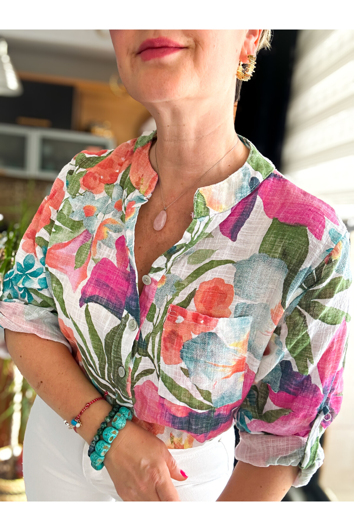 Felli Zambak Desen Desenli İtalyan Gömlek Beyaz