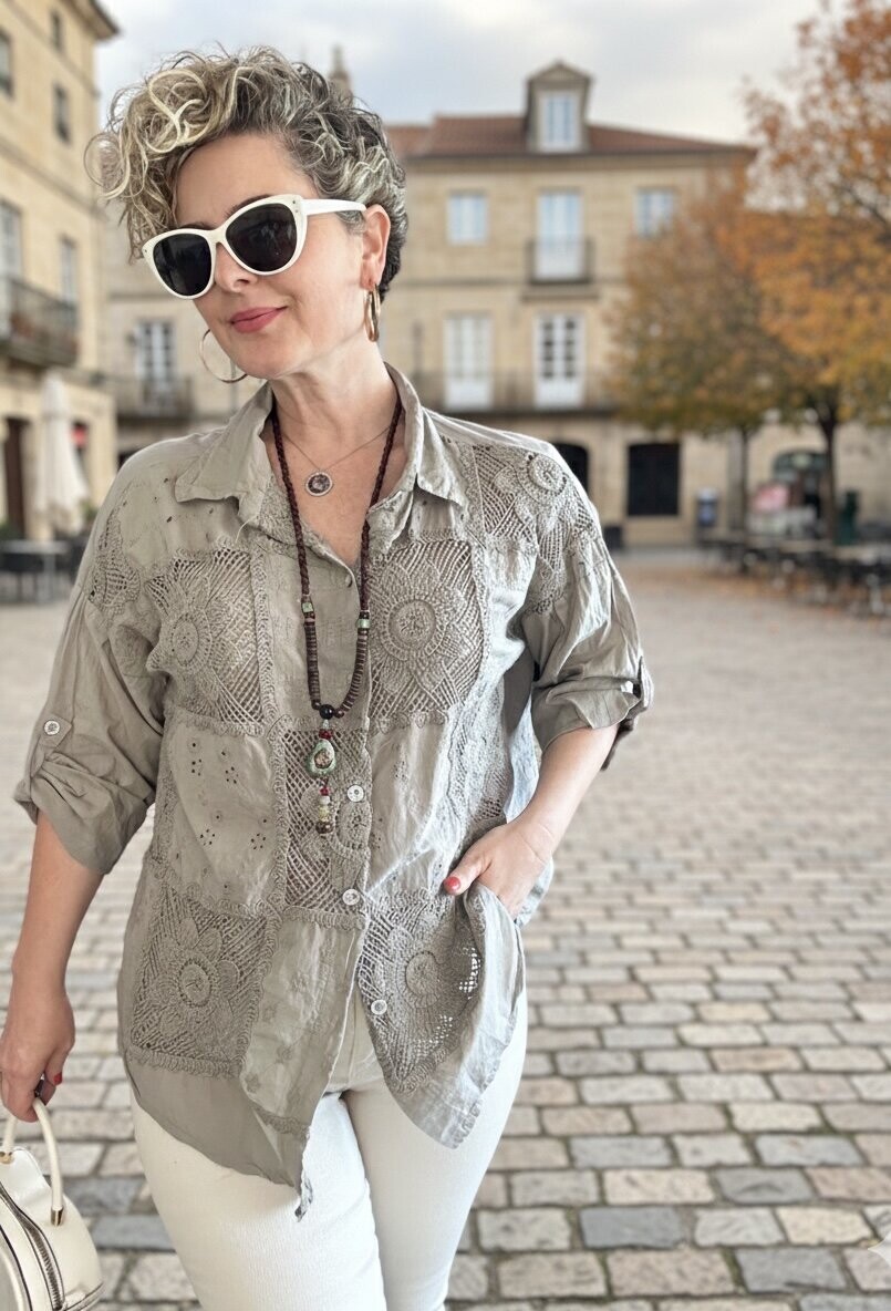 Ferru İtalyan Fisto Kare Çiçek Desen Gömlek Vizon