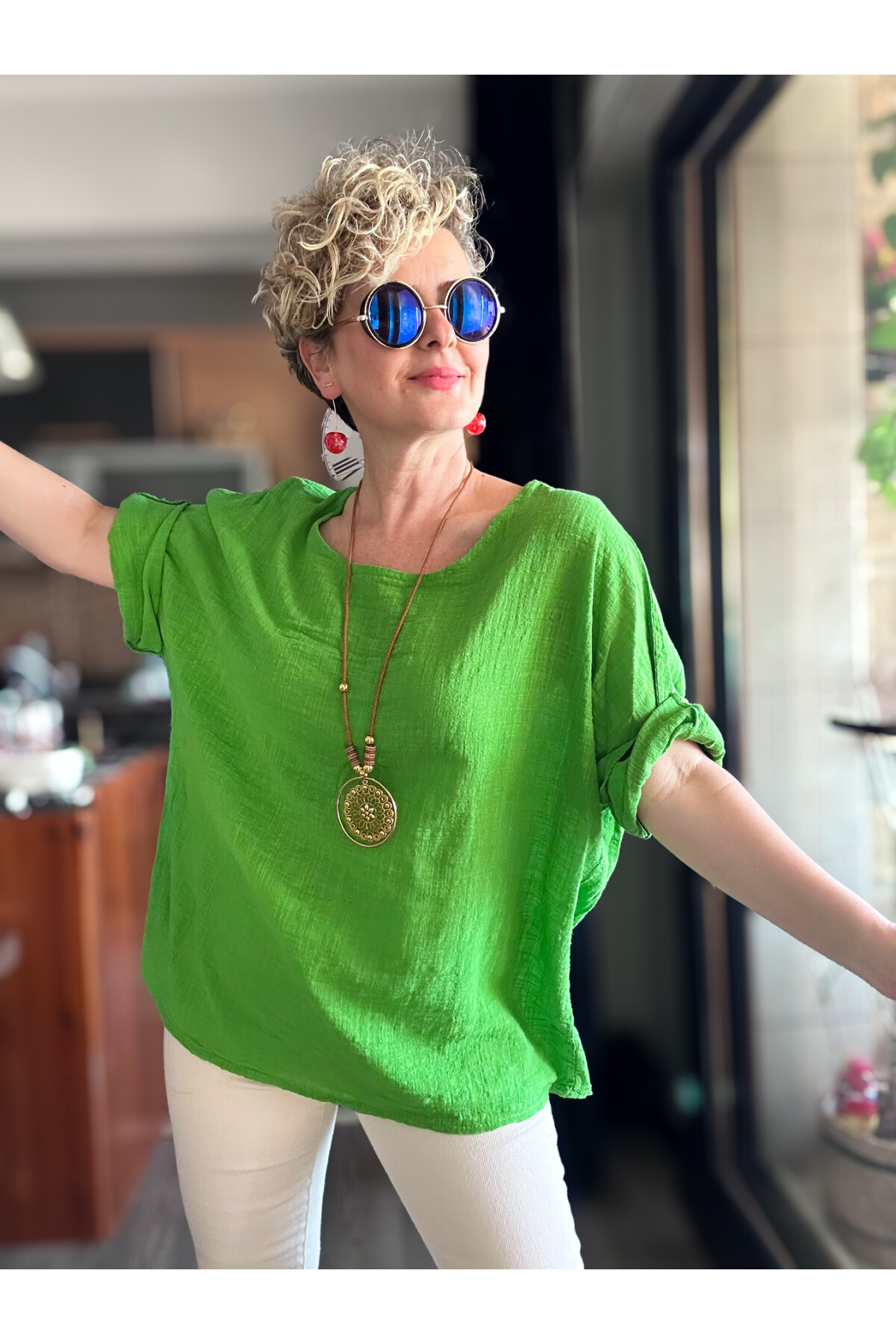 Fezza İthal Kolyeli Tasarım Bluz Apple Green