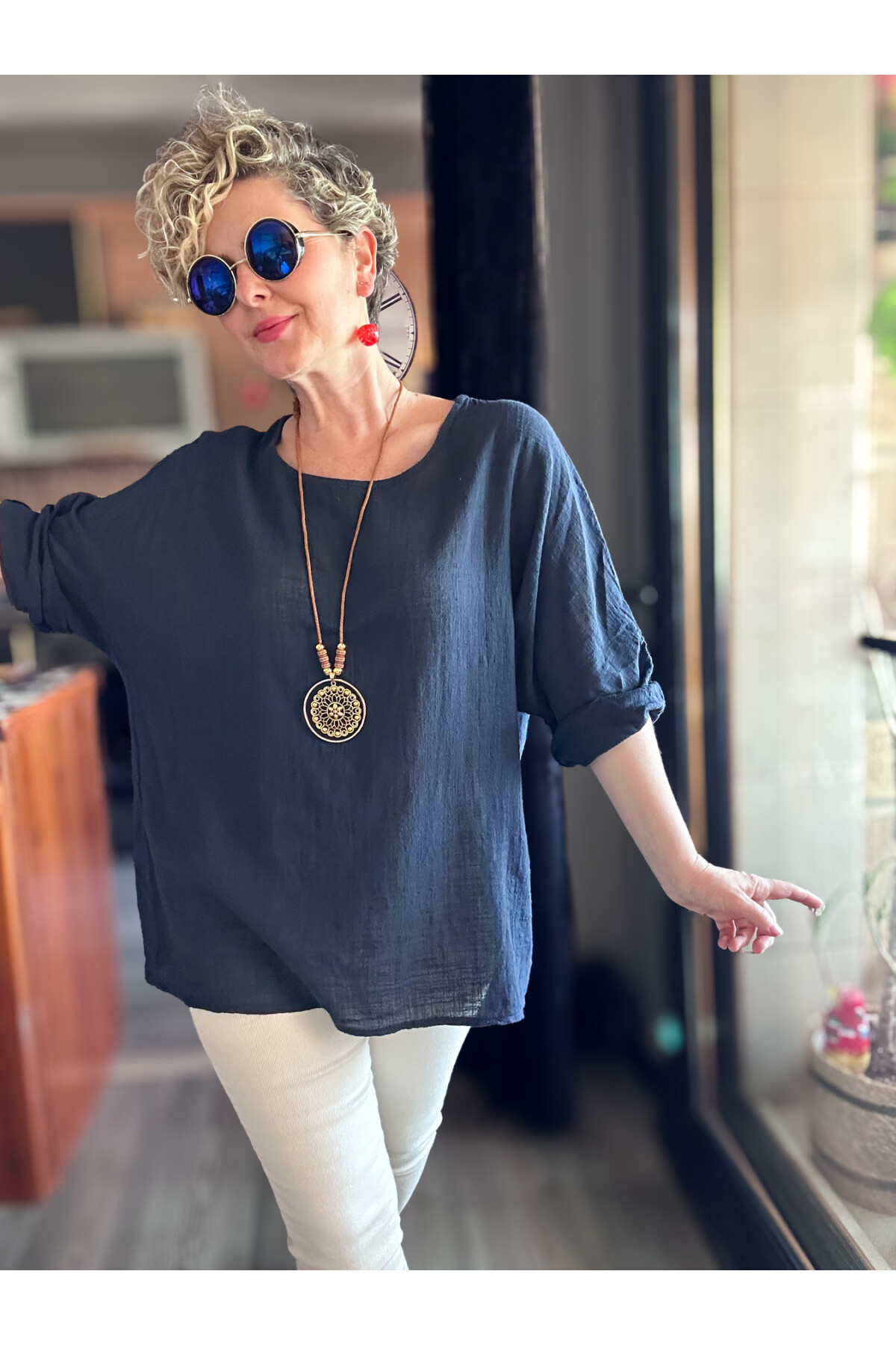 Fezza İthal Kolyeli Tasarım Bluz Lacivert