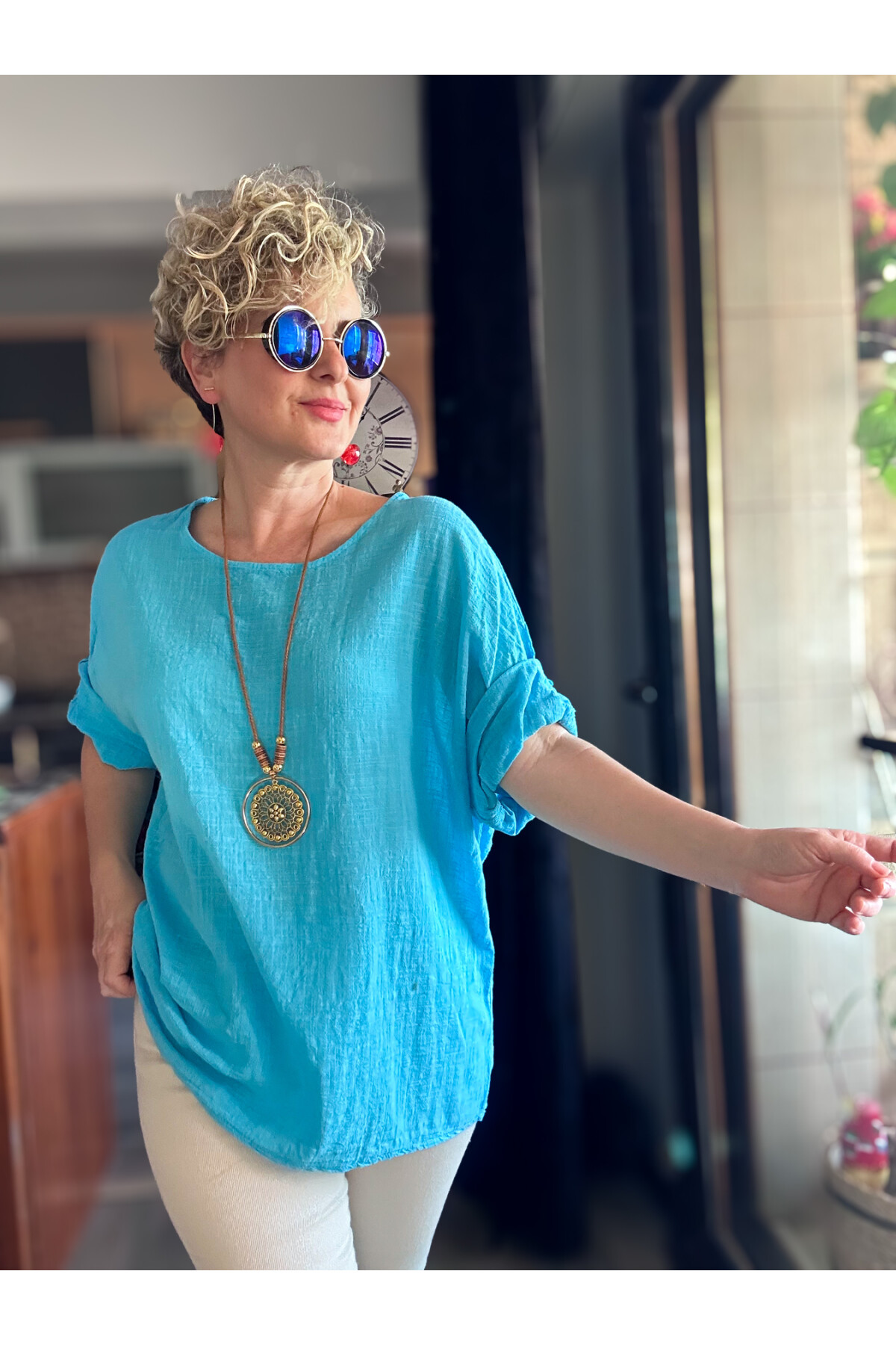 Fezza İthal Kolyeli Tasarım Bluz Turkuaz