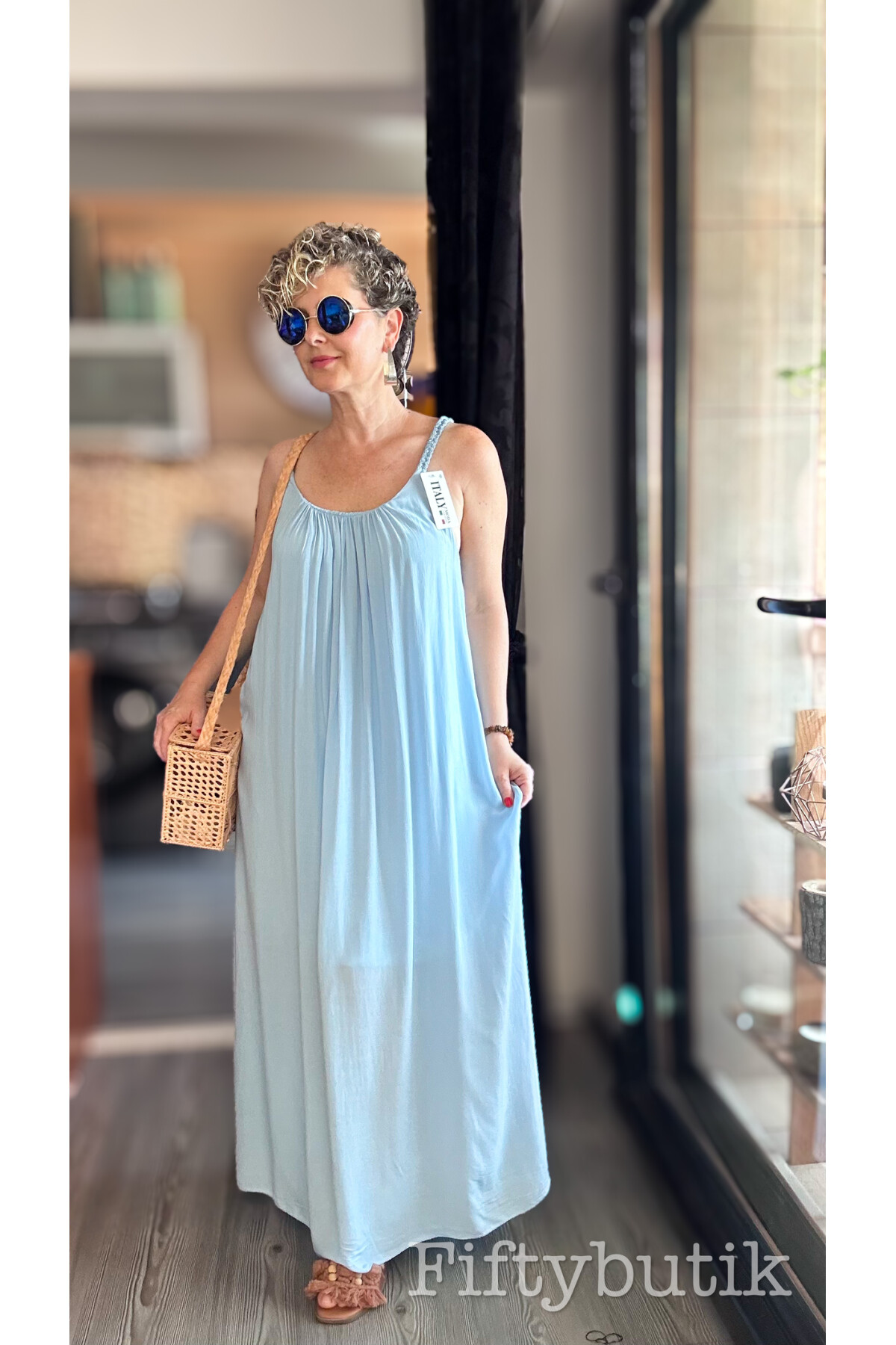 Fierro İtalyan Askılı Salaş Detay Elbise Bebe Mavi